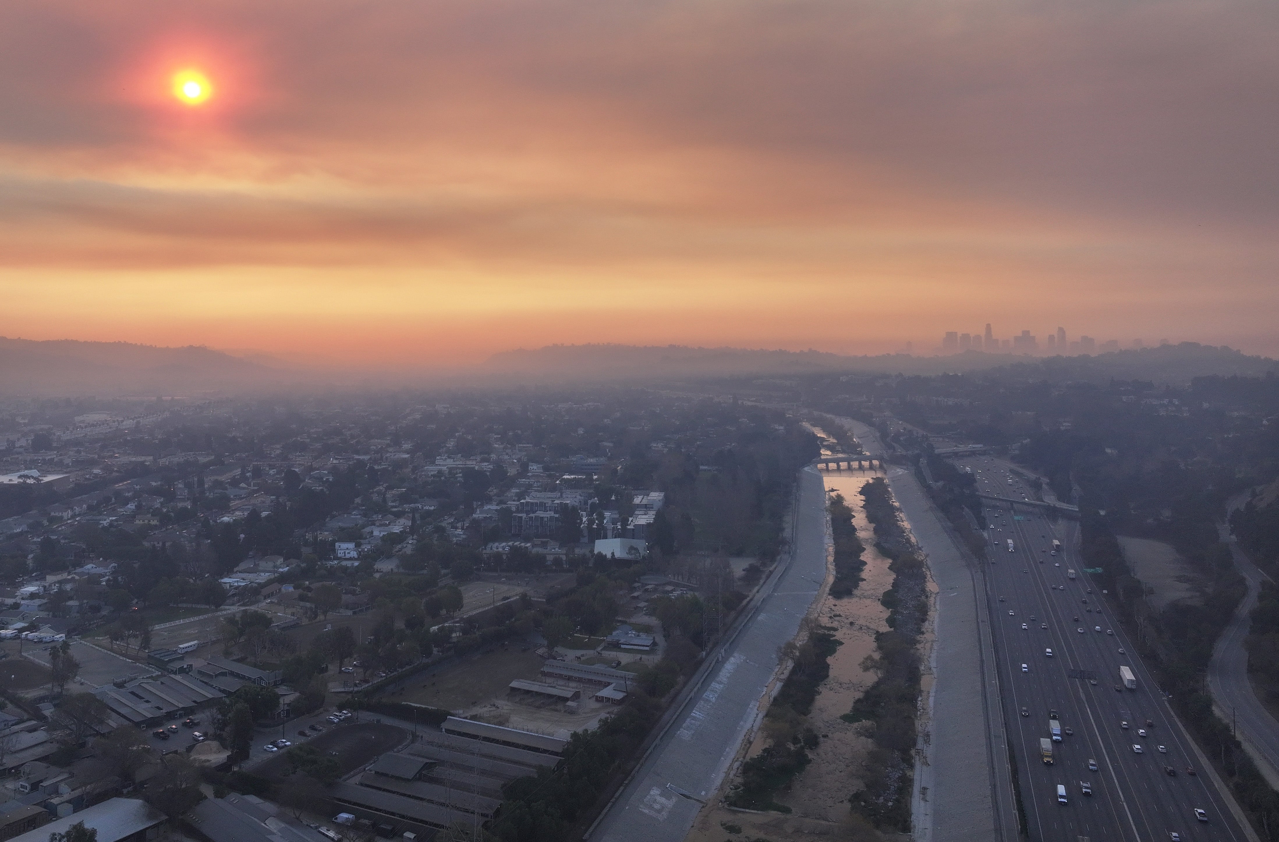 Wildfire smoke hangs over downtown Los Angeles amid poor air quality in the region on Thursday in Los Angeles, California.