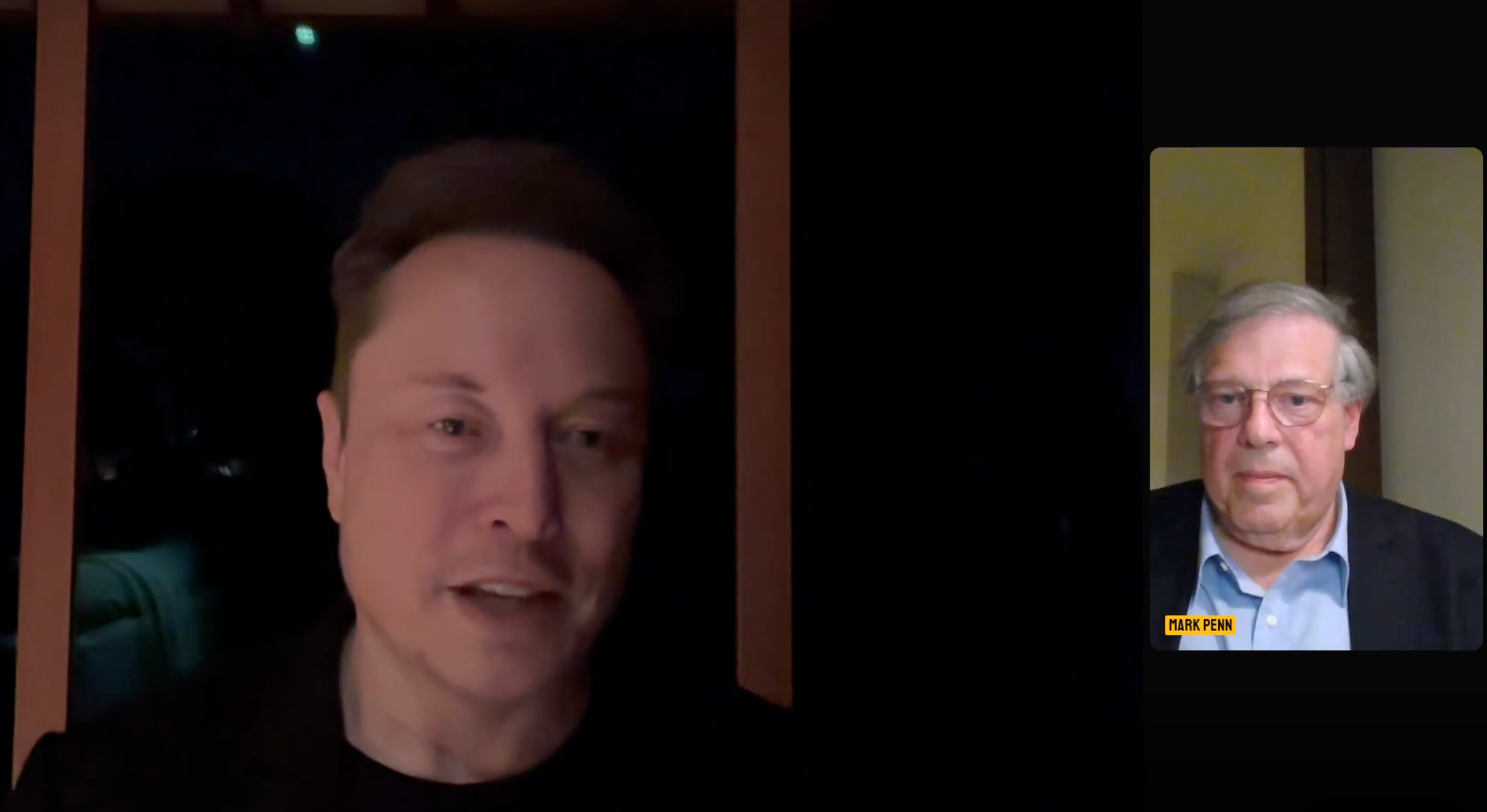 Elon Musk (left) speaks with Stagwell CEO Mark Penn on an X livestream, where he made the admission