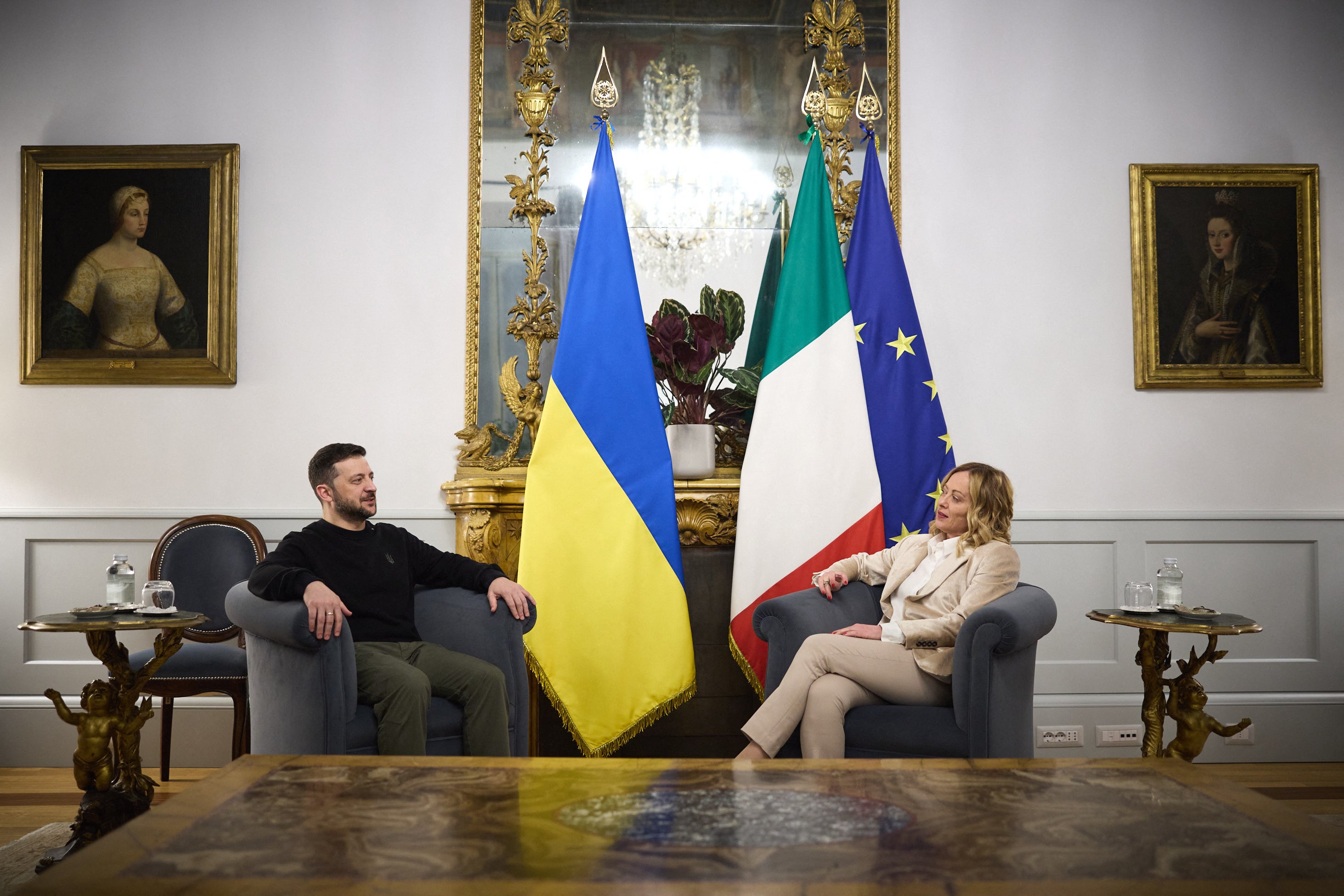 Volodymyr Zelensky meets with Italy’s prime minister Giorgia Meloni at Chigi palace, Rome.