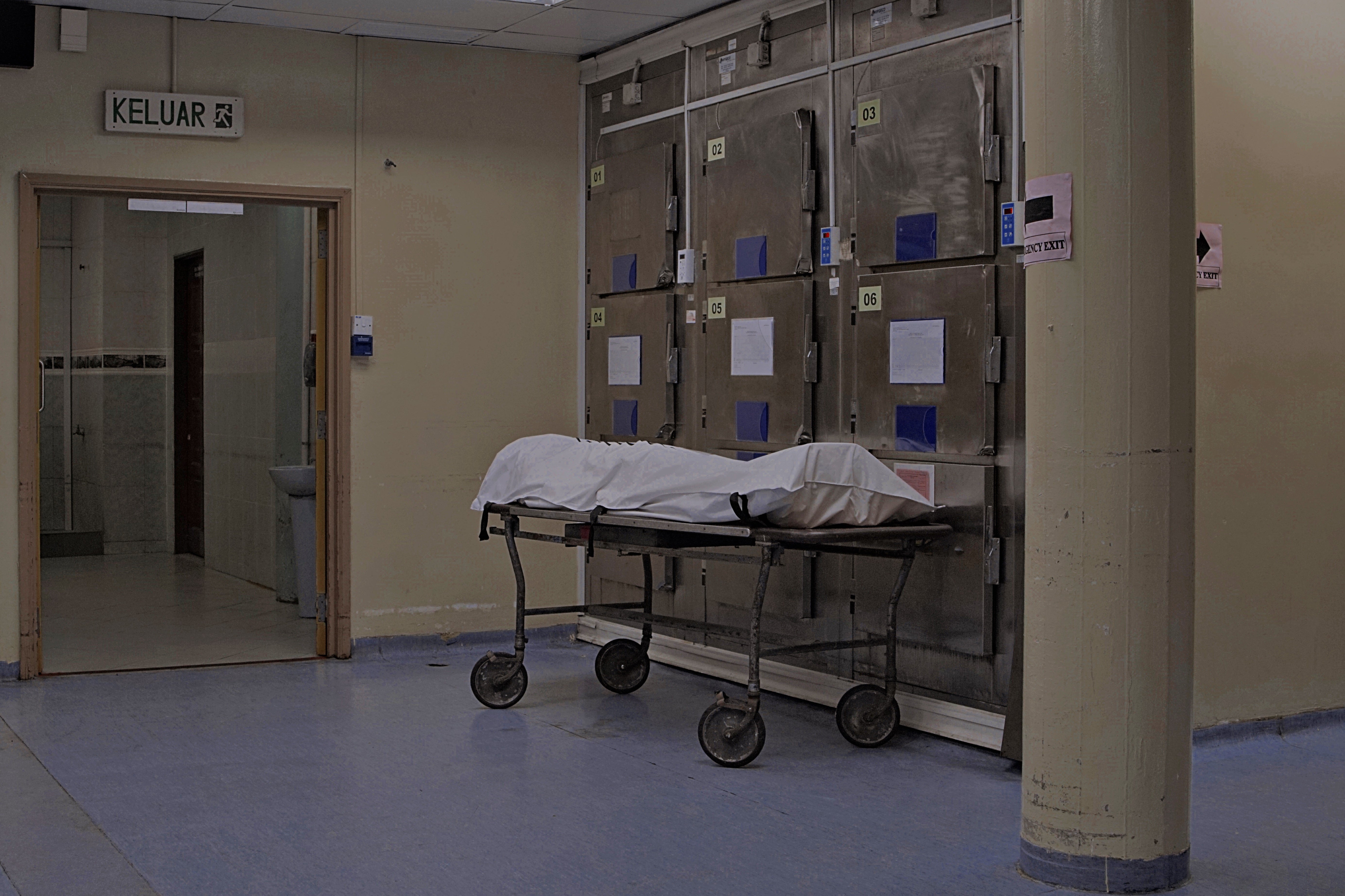 File. A dummy body is seen left on a stretcher at a hospital morgue in Kuala Lumpur, Malaysia