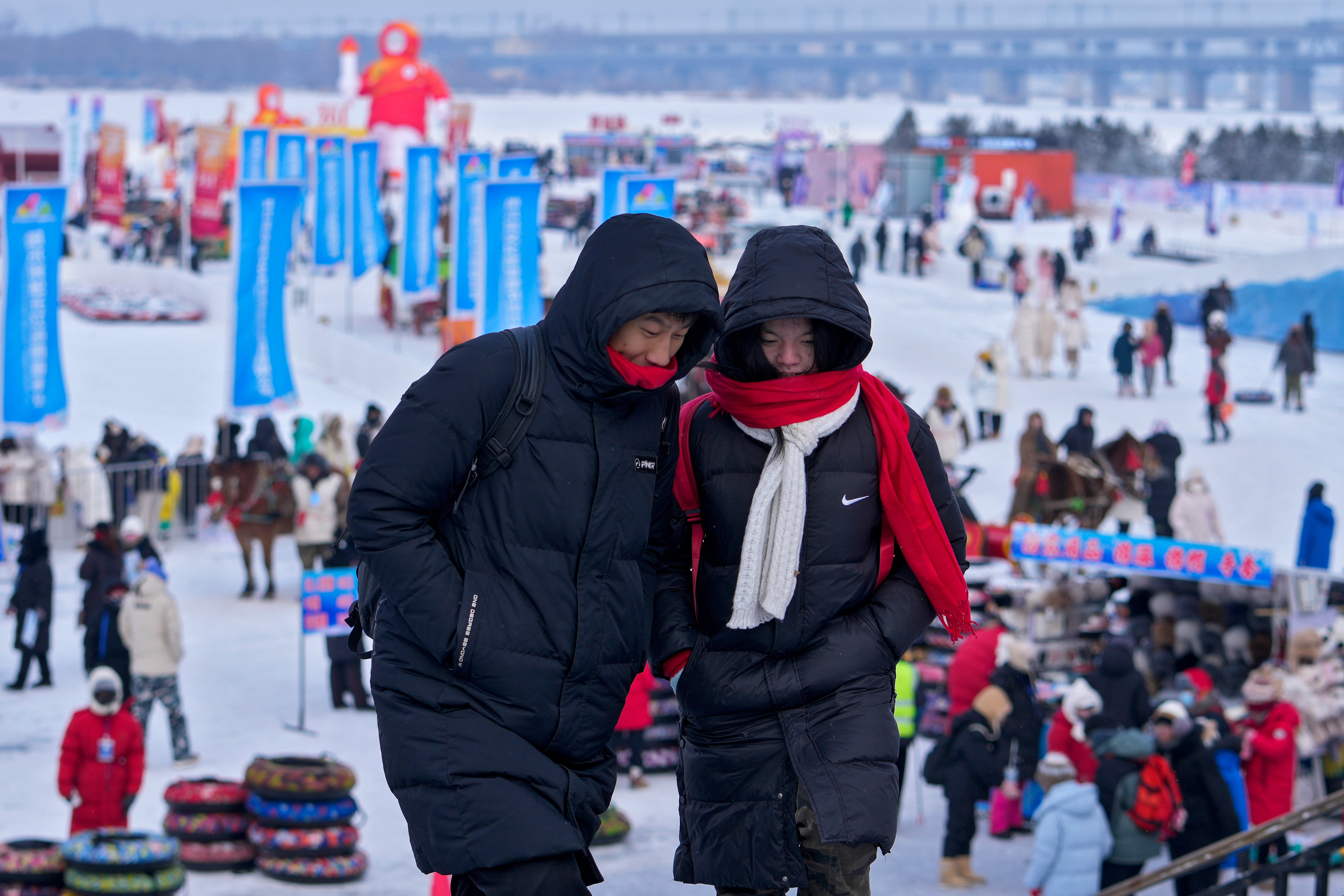 Each winter the river freezes in Harbin, China