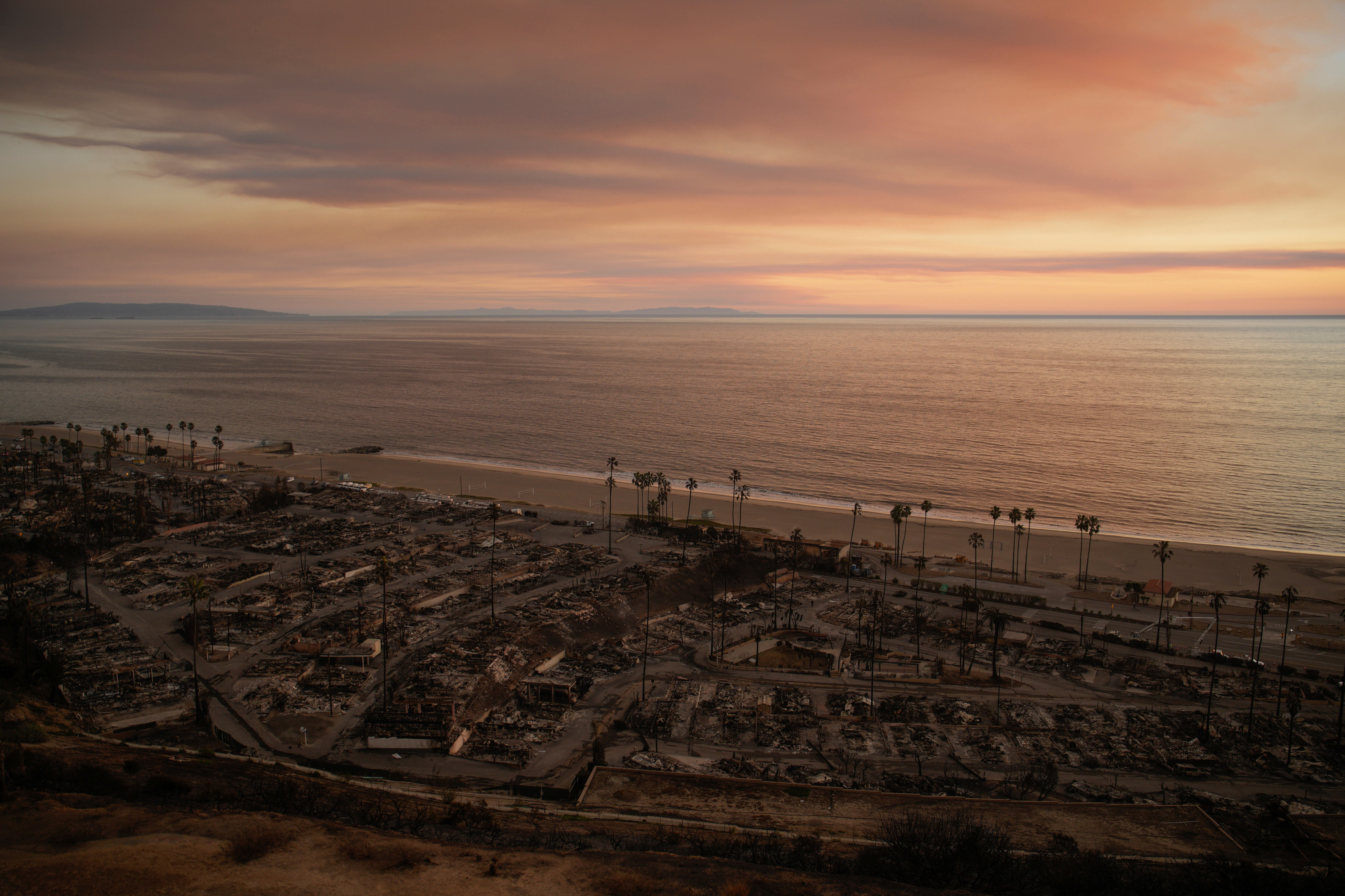 A neighborhood destroyed by the wildfires is seen in the Pacific Palisades area of Los Angeles