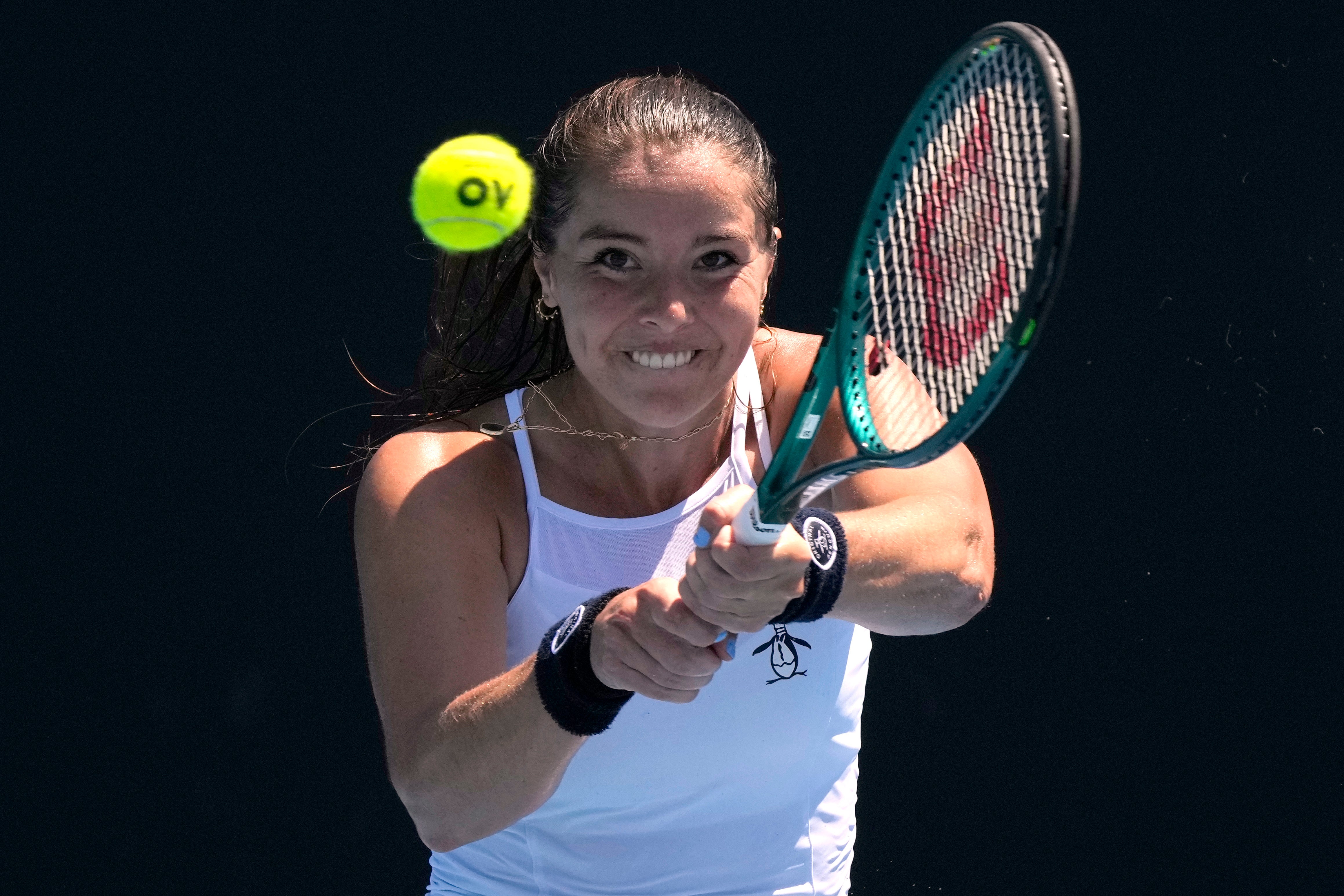 Jodie Burrage strikes a backhand (Manish Swarup/AP)