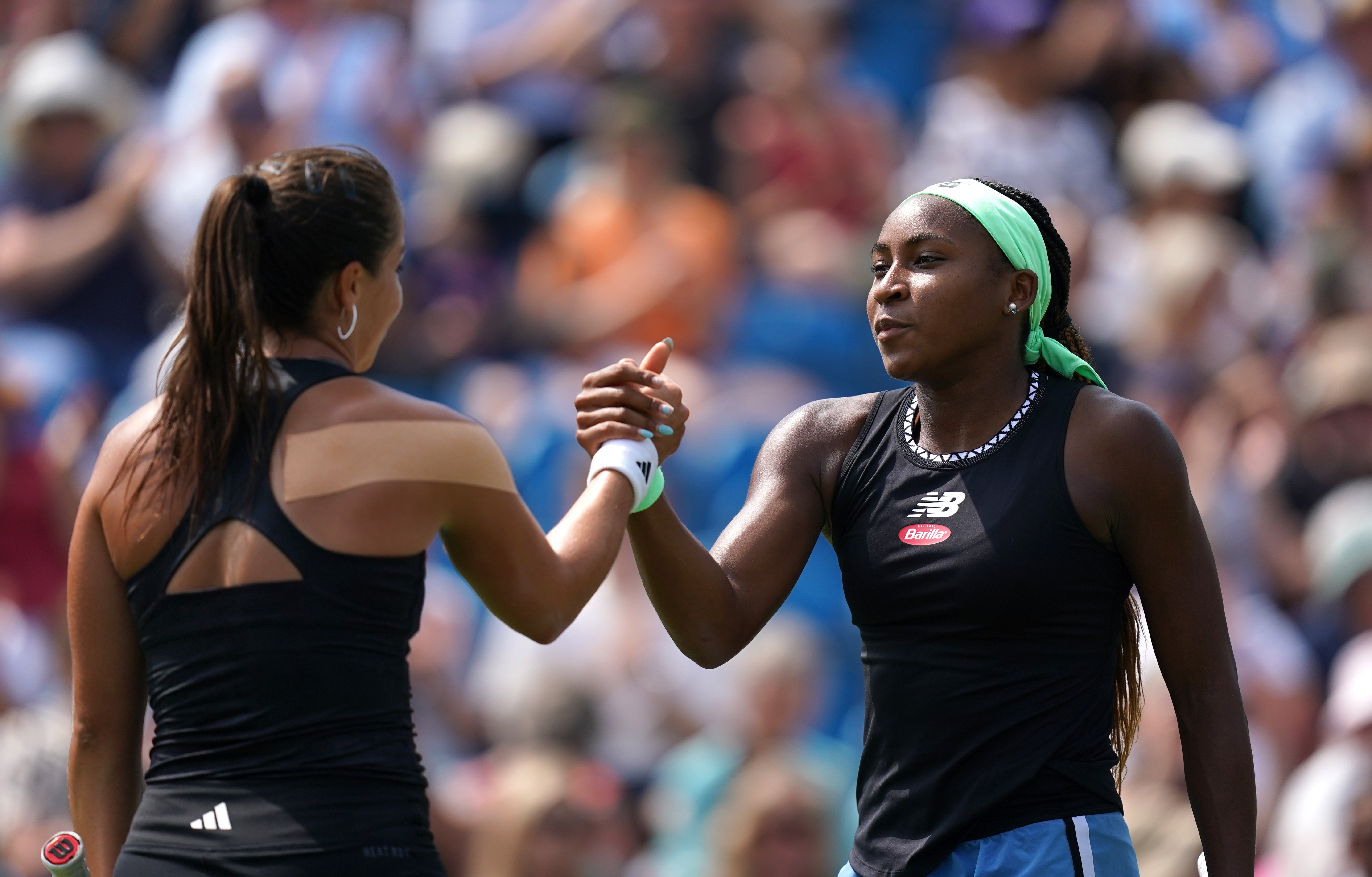 Jodie Burrage, left, won only two games against Coco Gauff at Eastbourne in 2023 (John Walton/PA)