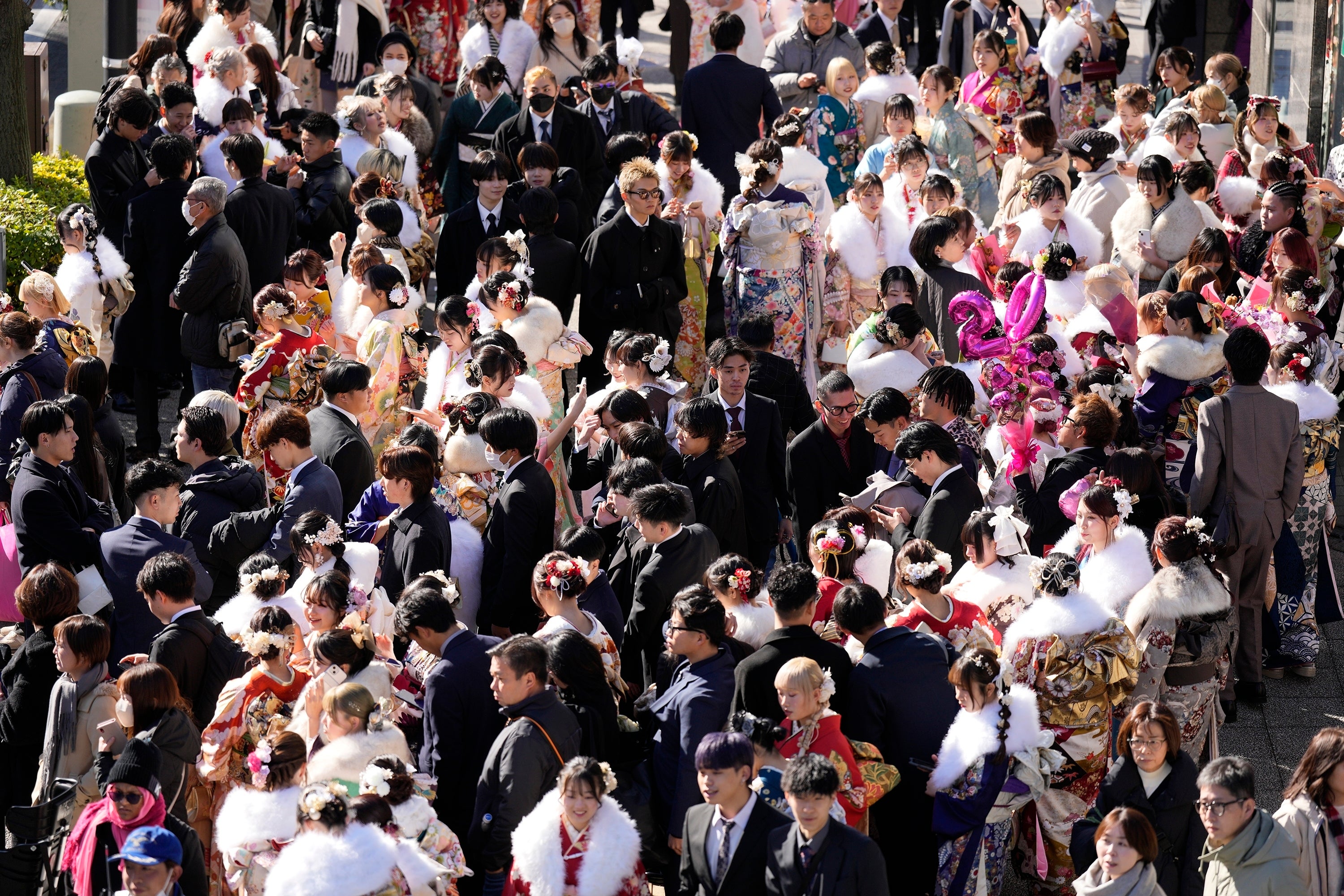Young adults celebrate the Coming-of-Age Day in Yokohama near Tokyo