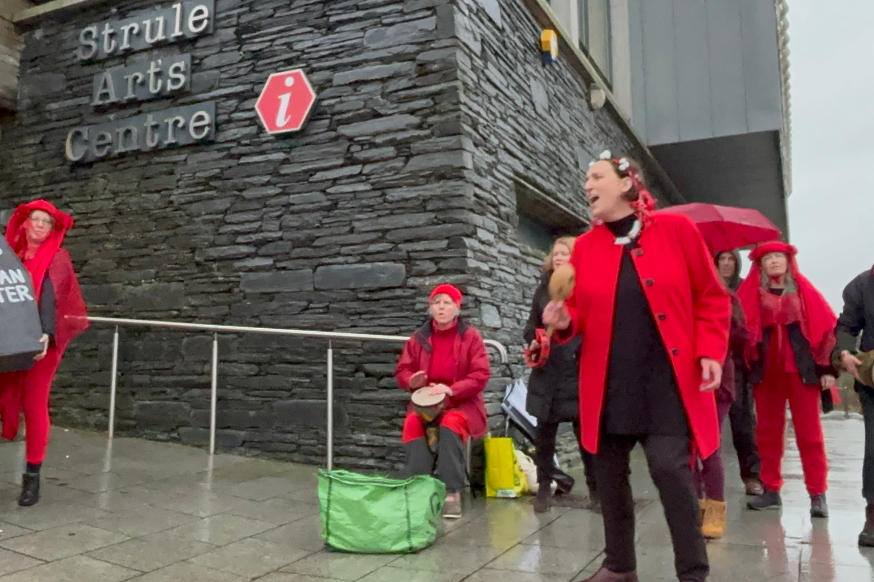 Those opposed to a proposed gold mine in Co Tyrone staged a demonstration outside the Strule Arts Centre in Omagh (Rebecca Black/PA)