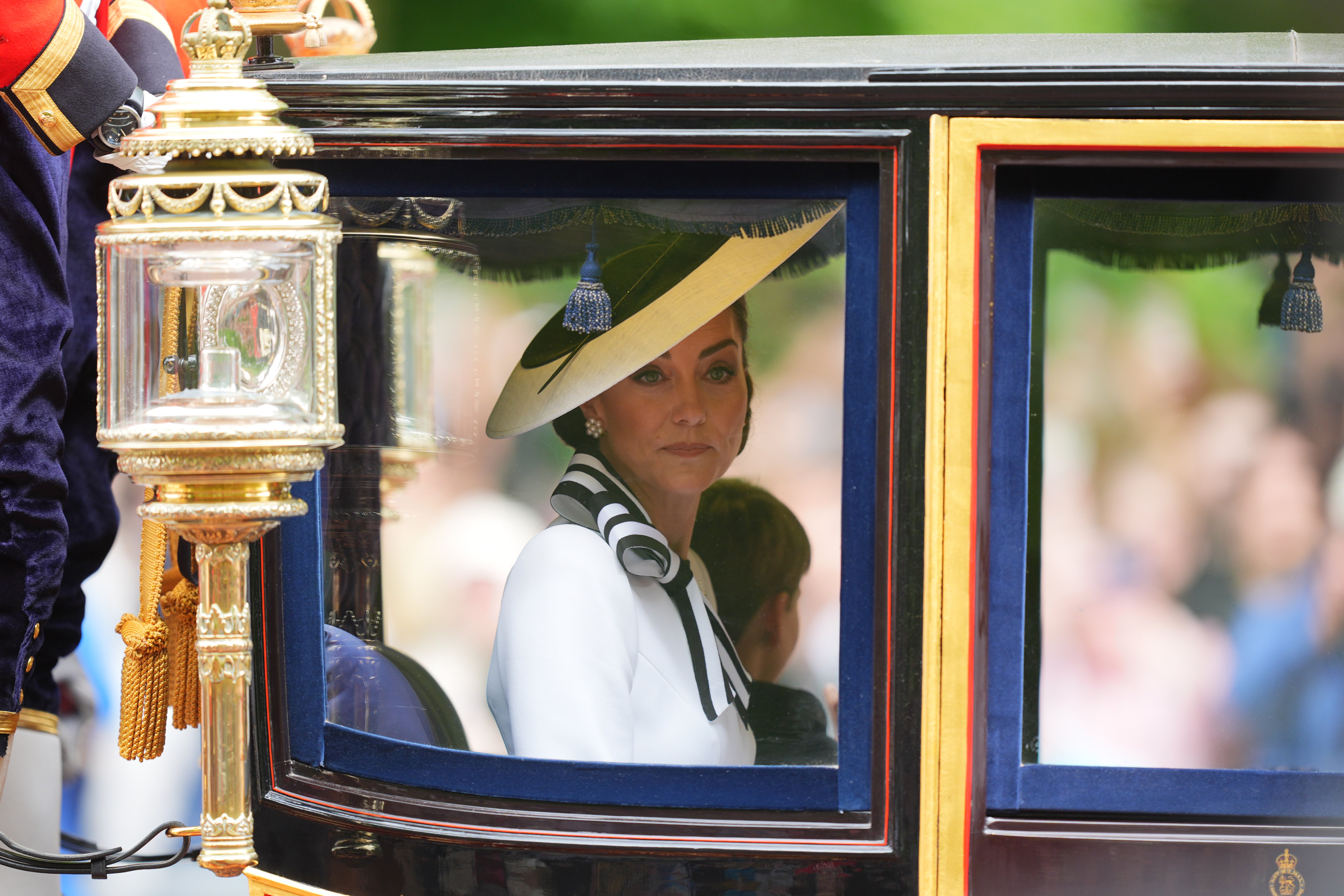 The Princess of Wales travels along The Mall to the Trooping the Colour ceremony in June 2024