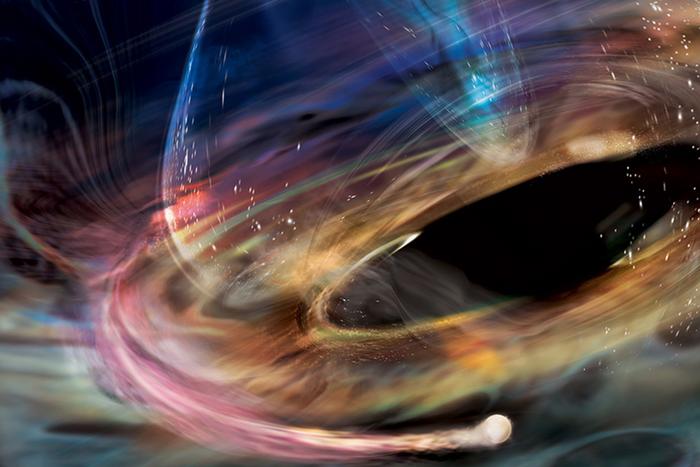 In this artist’s rendering, a stream of matter trails a white dwarf orbiting within the innermost accretion disk surrounding 1ES 1927’s supermassive black hole