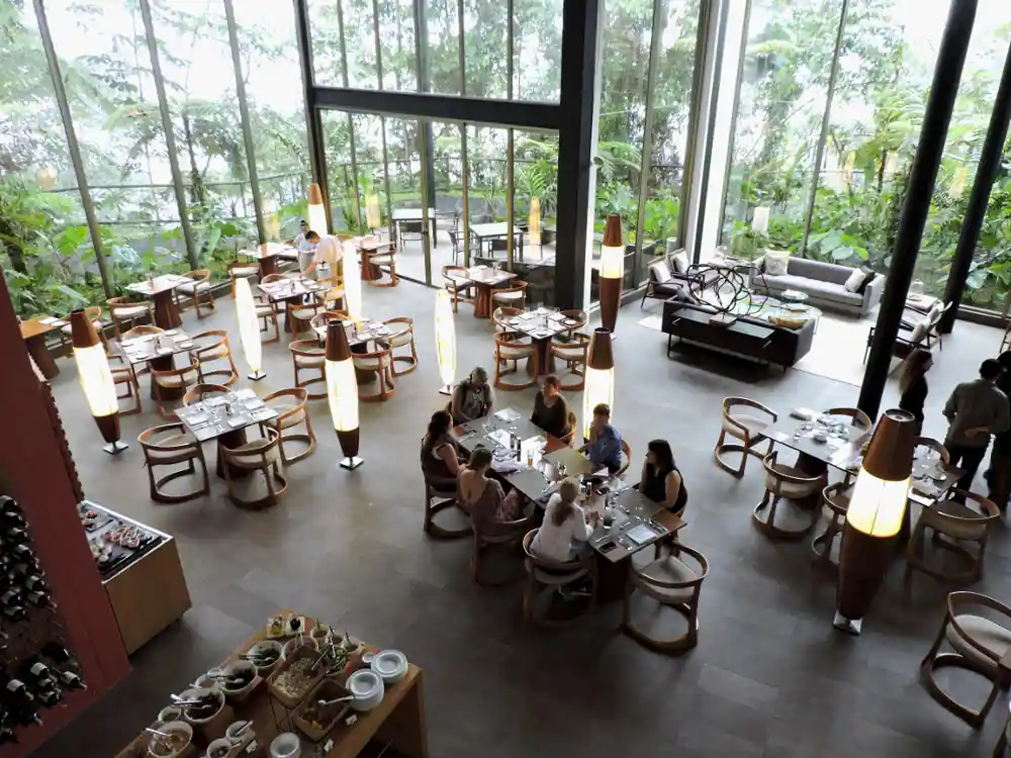 The striking open-plan restaurant features towering glass windows and excellent service