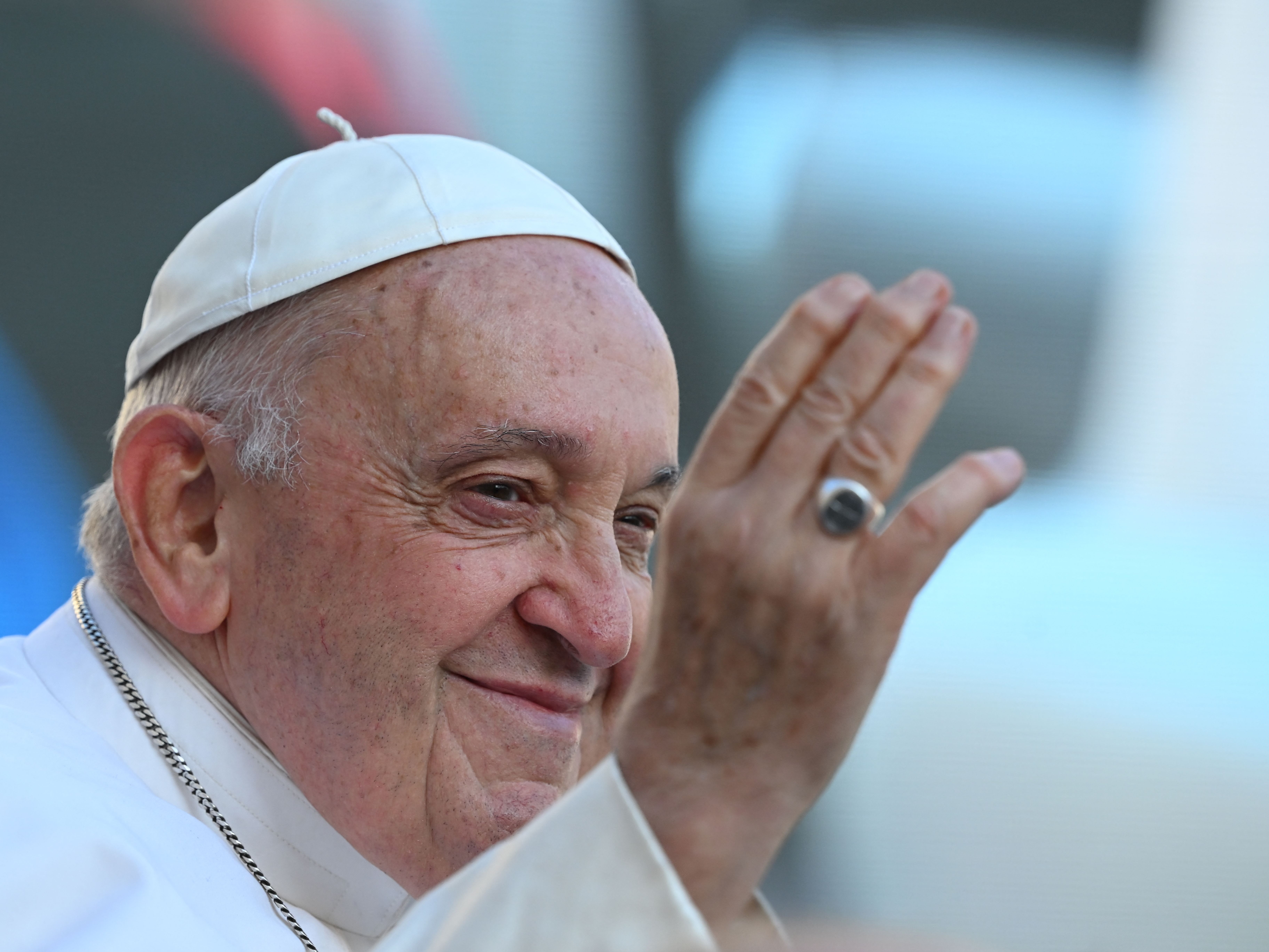 <p>Pope Francis greets the crowd as he arrives for the weekly general audience</p>