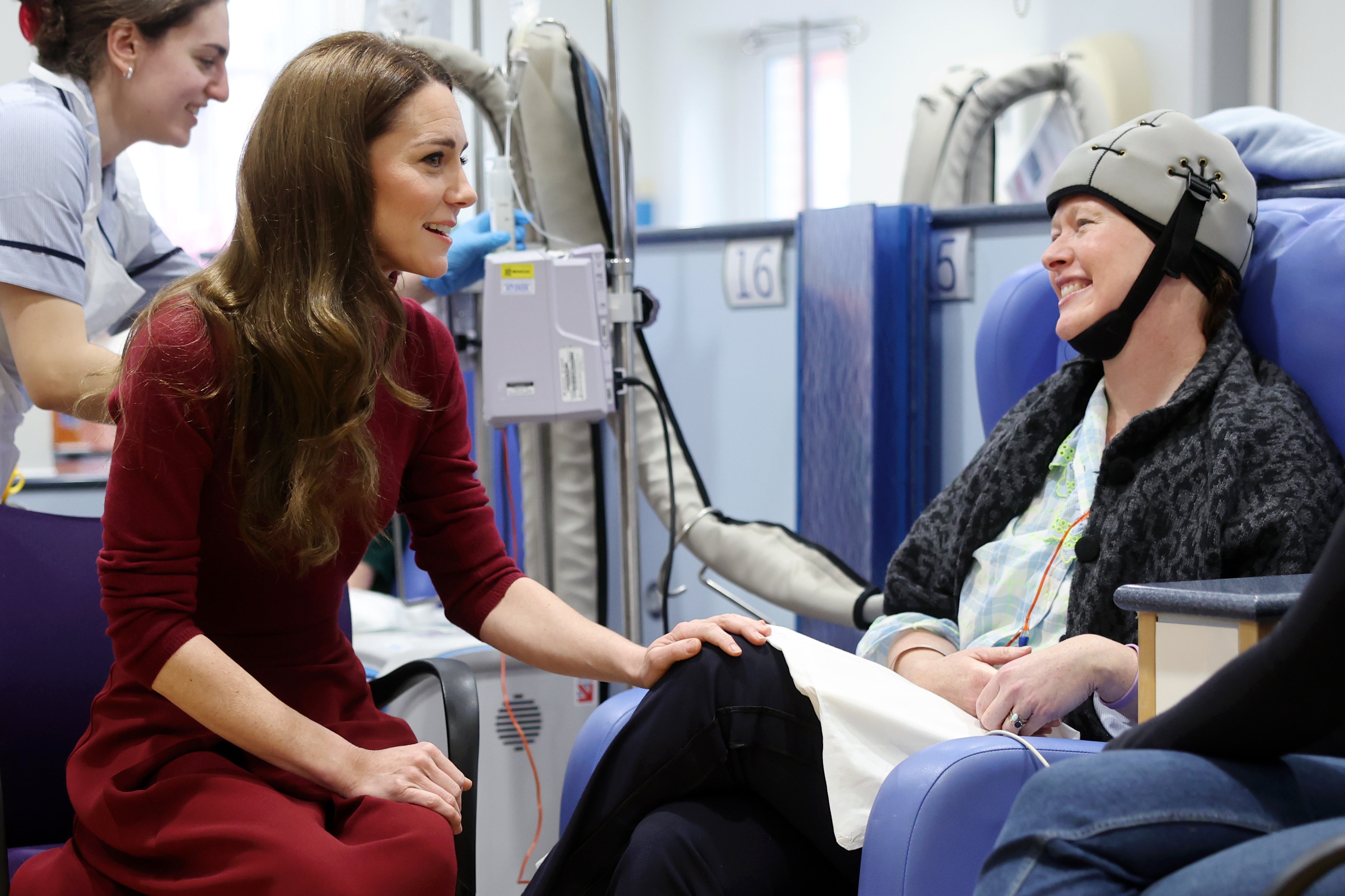 The Princess of Wales talks with Katherine Field during a visit to the Royal Marsden Hospital, London