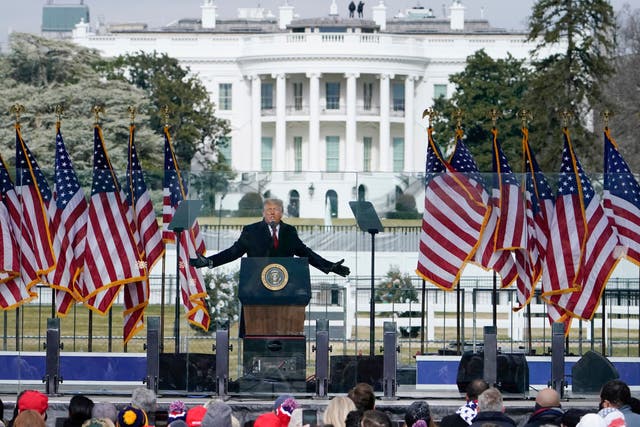 <p>Donald Trump speaks at a rally on 6 January 2021 before a mob stormed the Capitol </p>