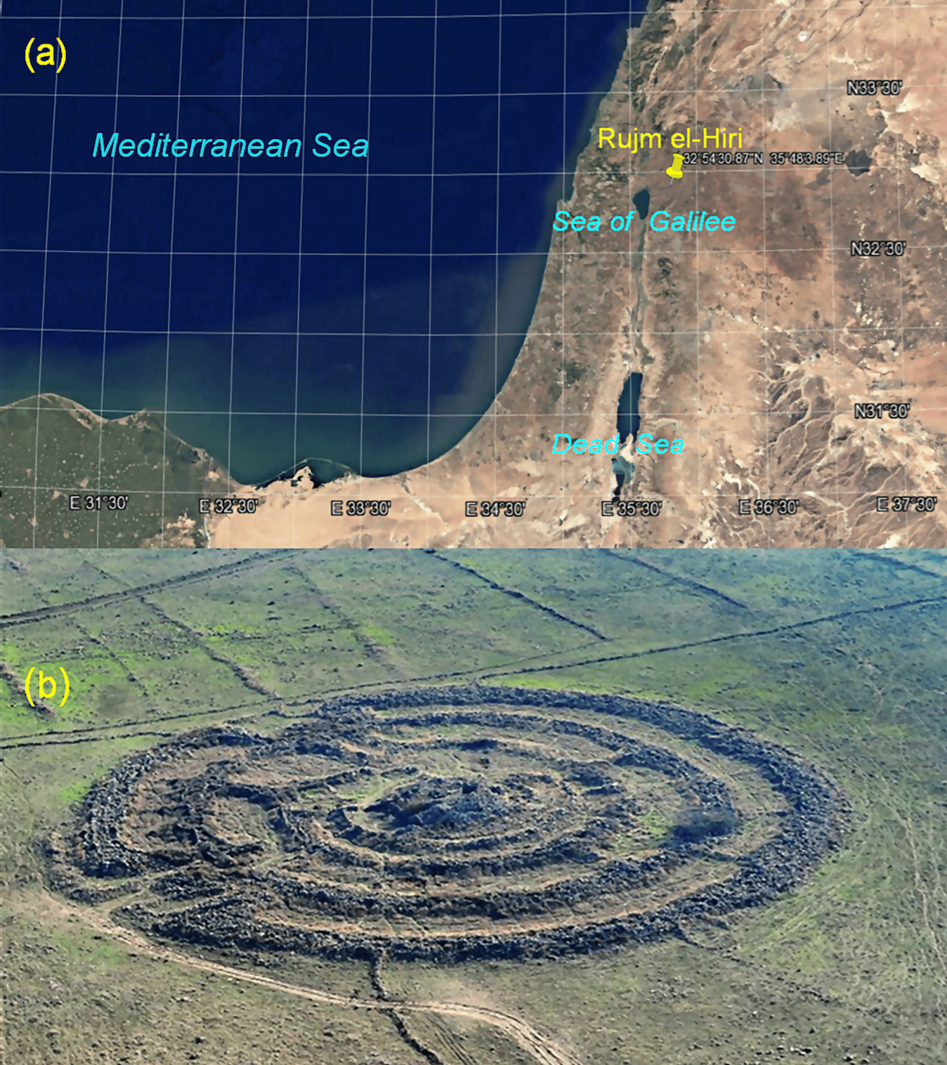 Geographic location of Rujm el-Hiri and its aerial view