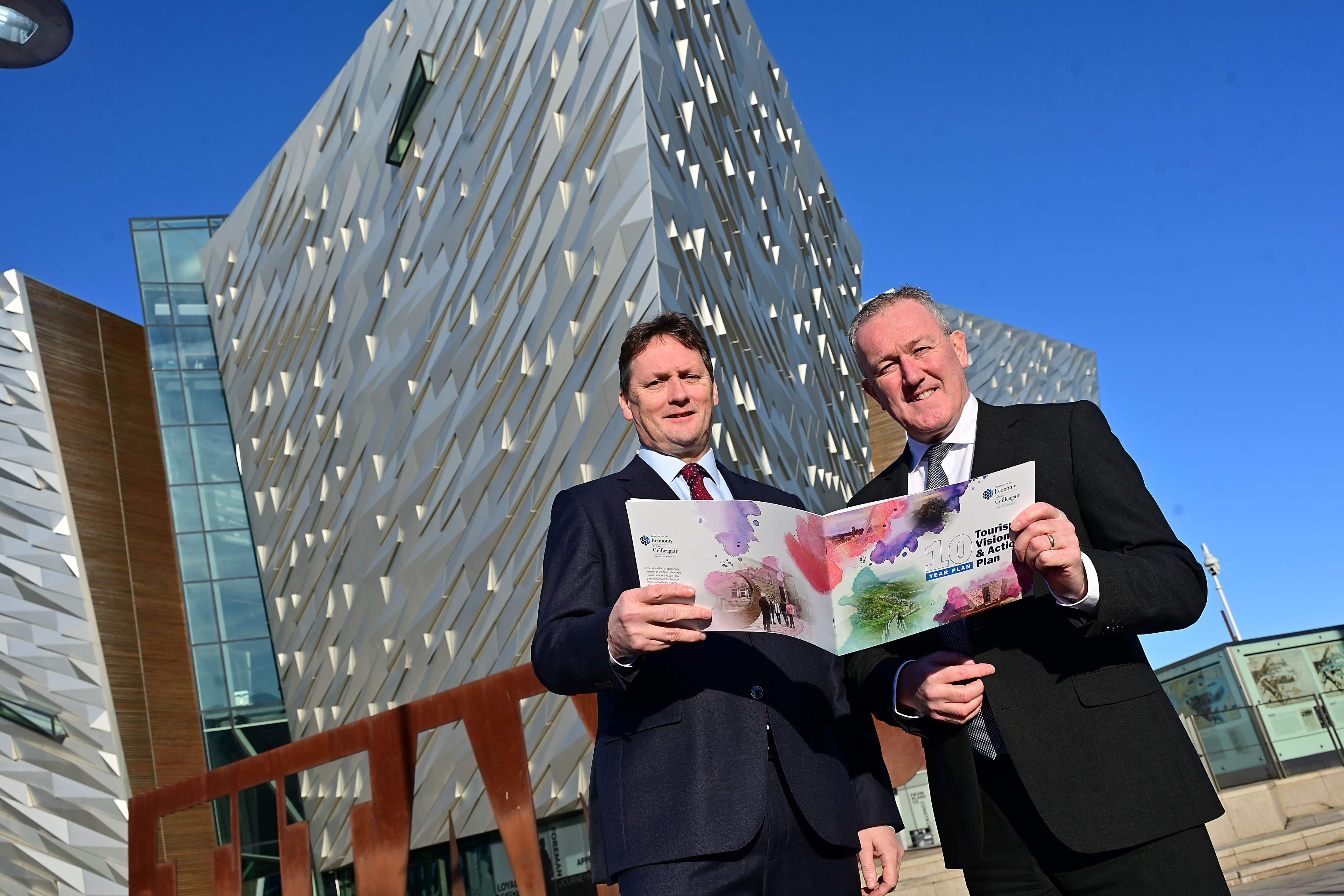 Stormont Economy Minister Conor Murphy and Stephen McNally, chairman of the Tourism Partnership Board at the launch of a plan to help grow the tourism sector over the next 10 years (PA)