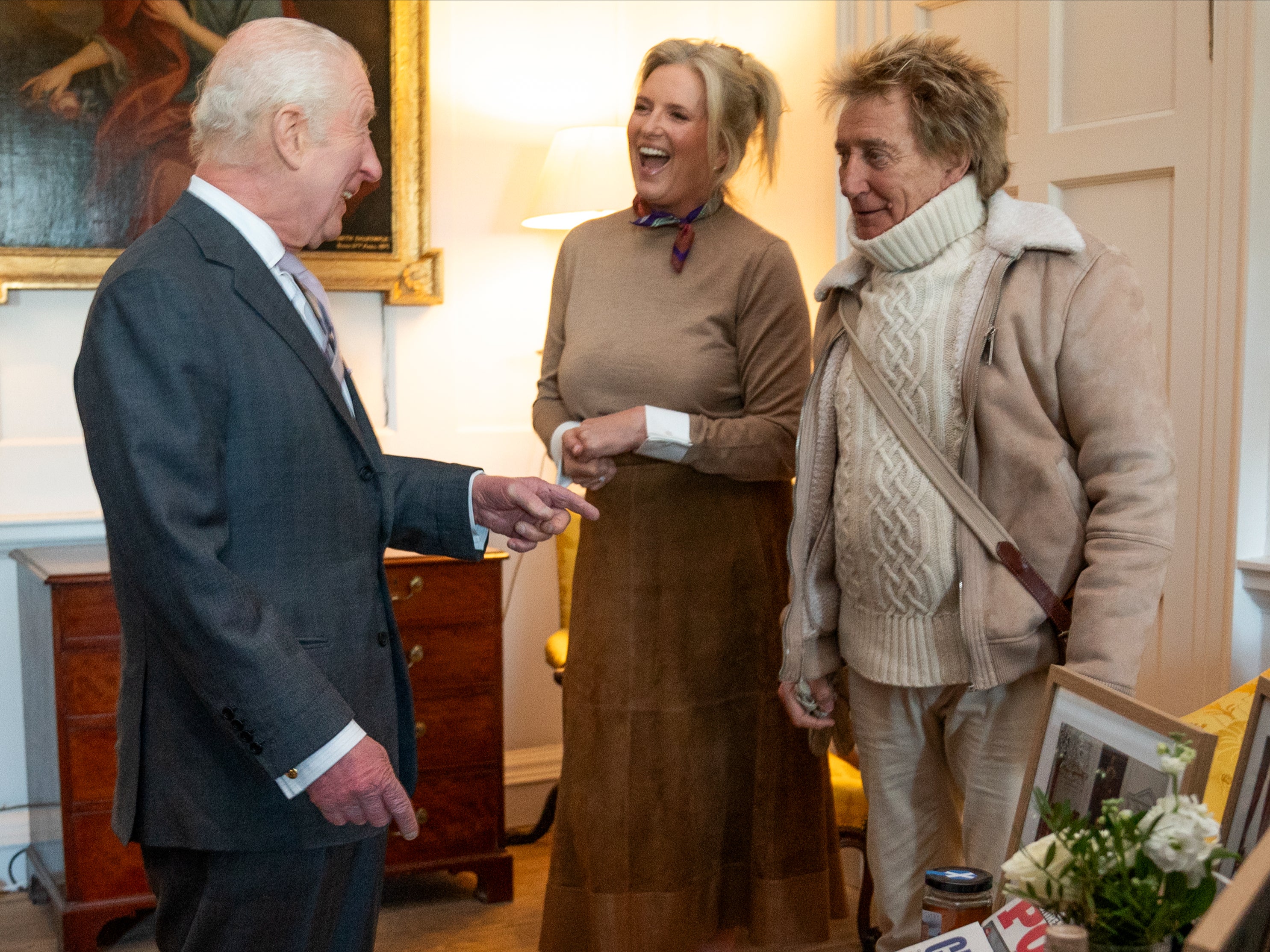 Sir Rod Stewart and Penny Lancaster with King Charles in January 2025