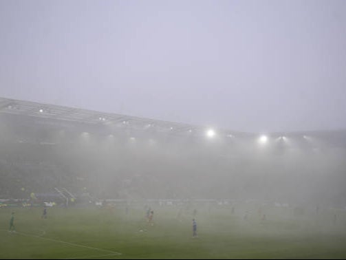 Fog covers the pitch during the Leicester City vs. Queens Park Rangers football match at the King Power Stadium over the weekend