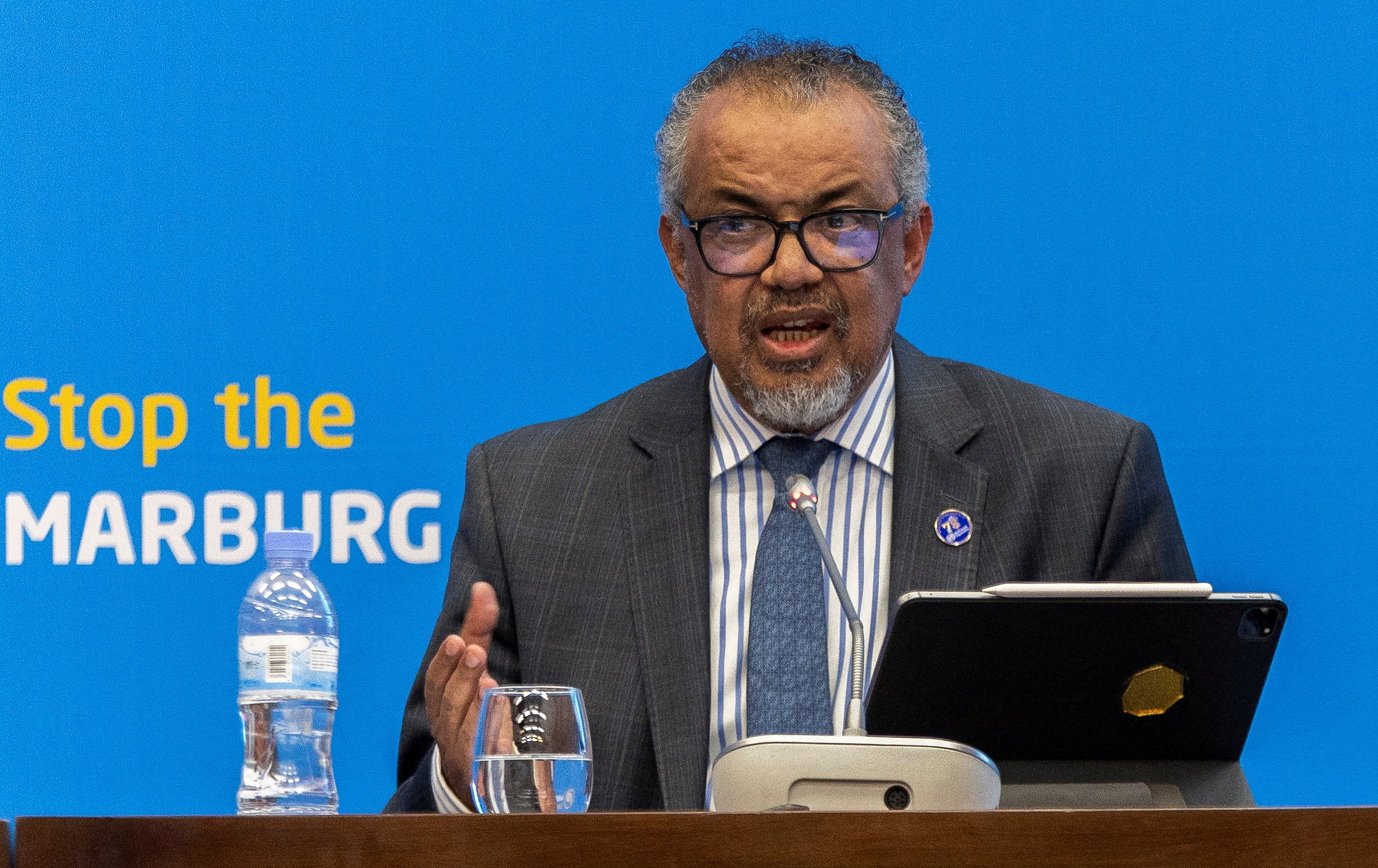 WHO director general Tedros Adhanom Ghebreyesus addresses a press conference on the Marburg virus outbreak