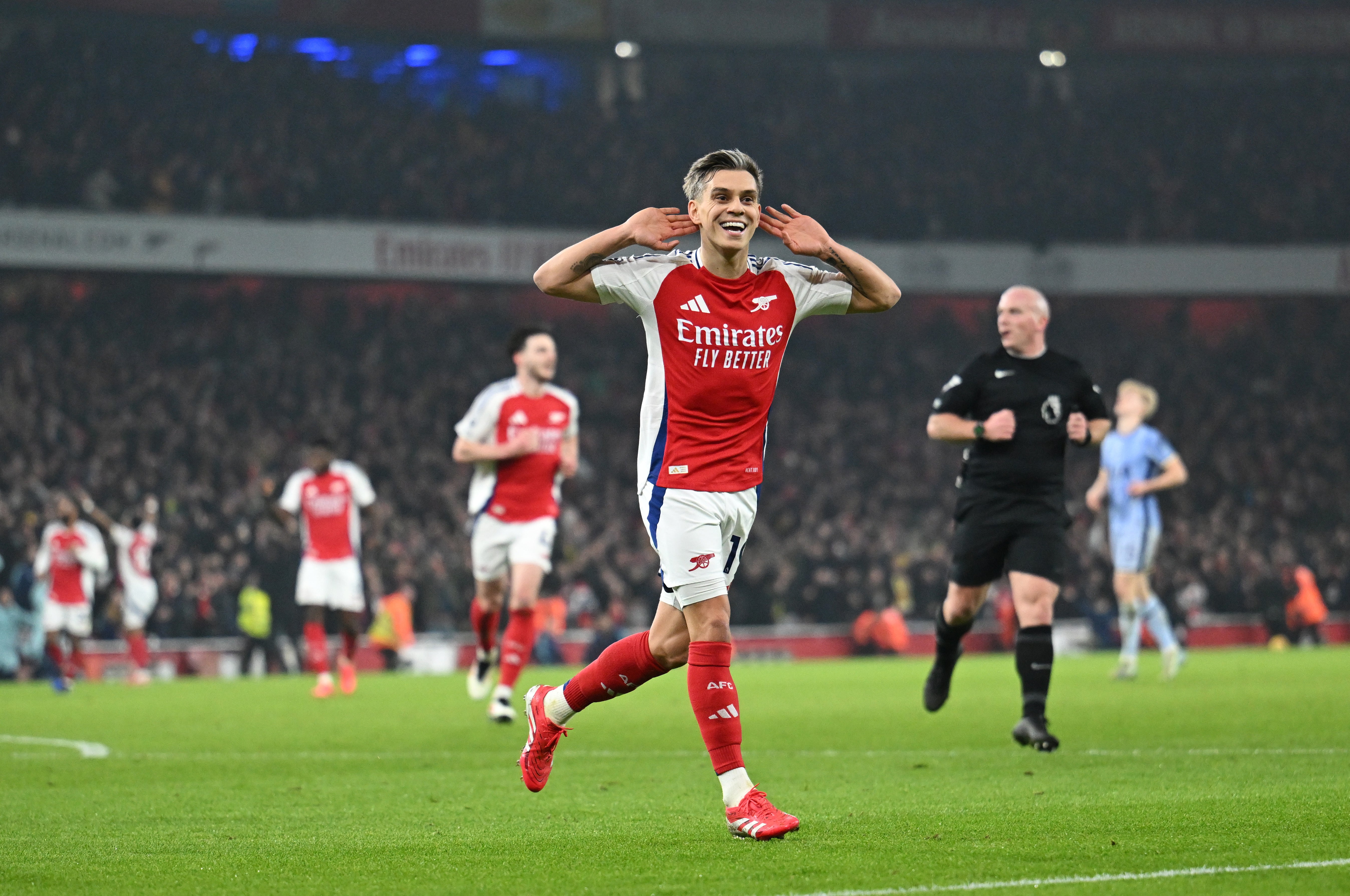 Leandro Trossard celebrates after scoring Arsenal’s winning goal on Wednesday