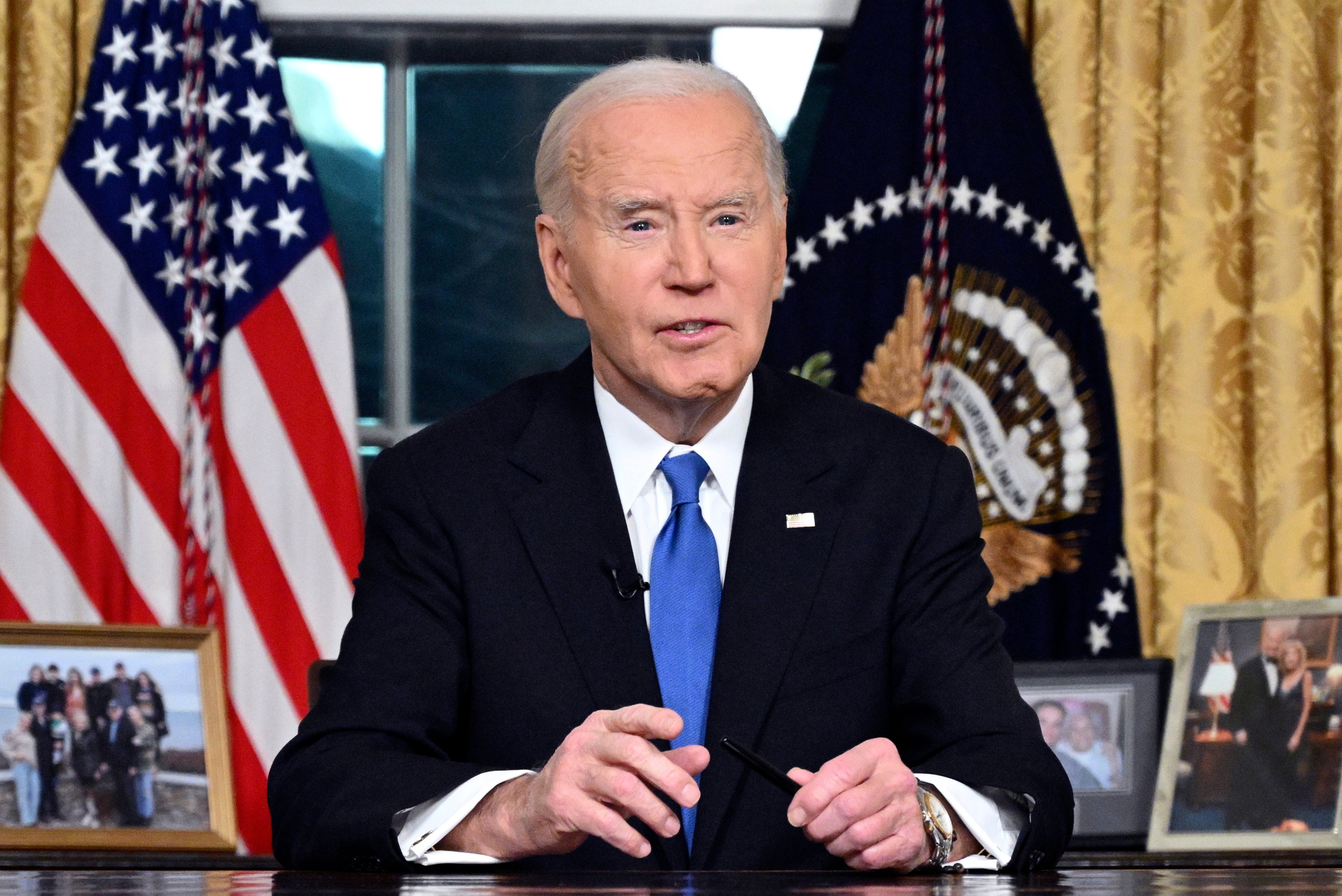 President Joe Biden speaks from the Oval Office of the White House as he gives his farewell address