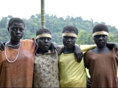 Jarawa girls in clothes given to them by outsiders. Encroachment onto their land risks exposing the Jarawa to diseases to which they have no immunity, warn experts