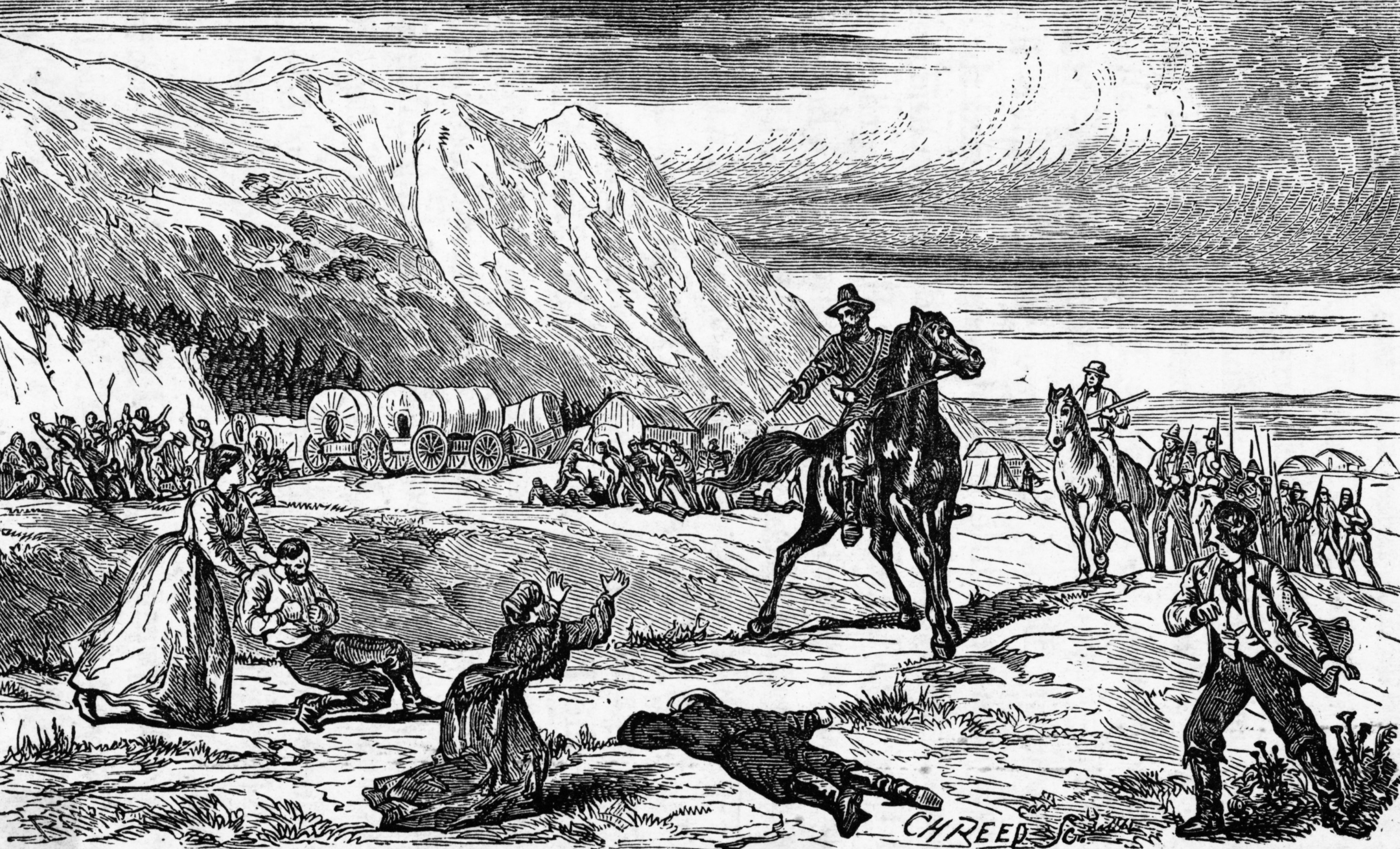 An illustration of the Mountain Meadows Massacre