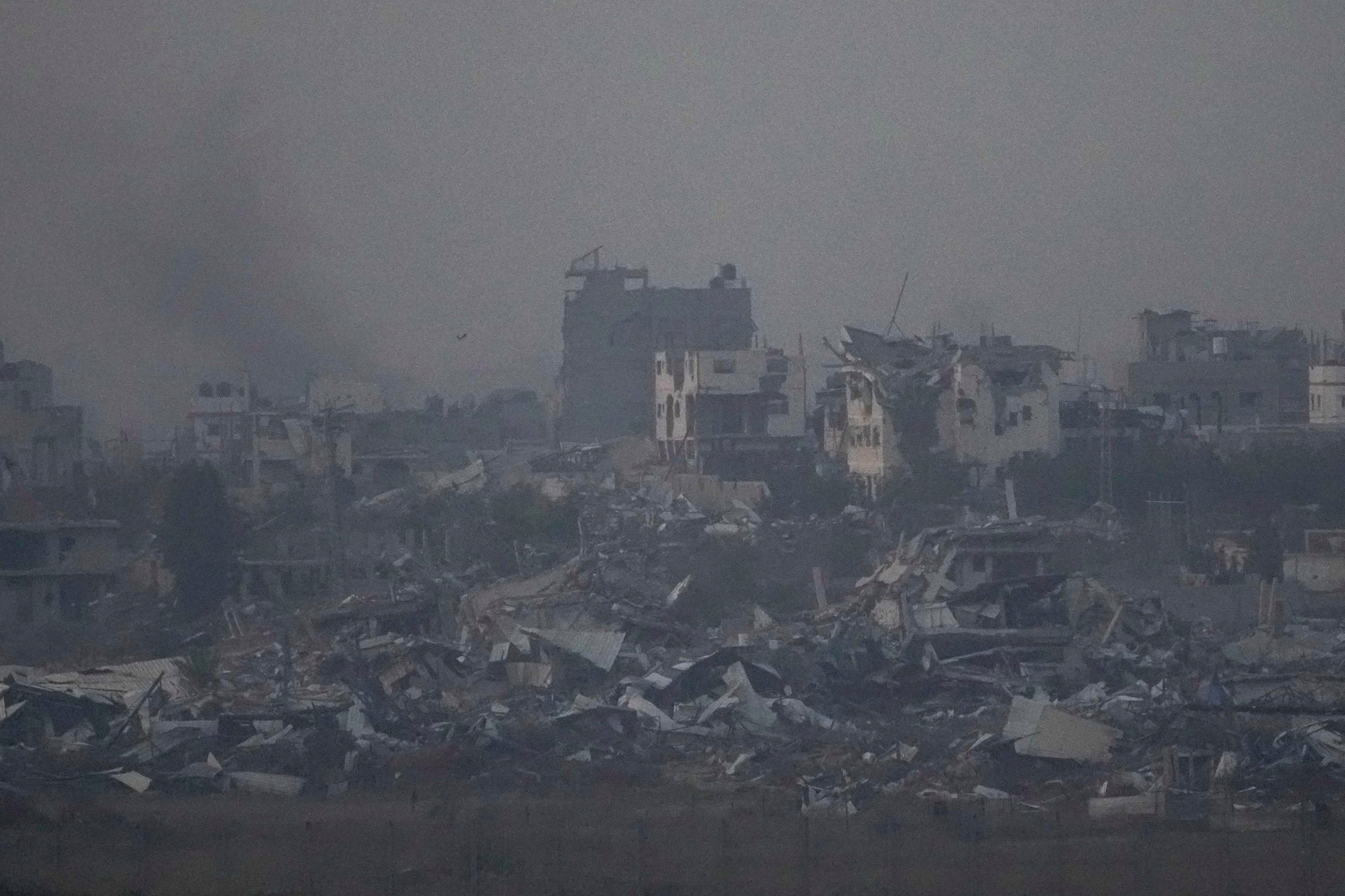 Destroyed buildings by Israeli bombardments as seen inside the Gaza Strip from southern Israel