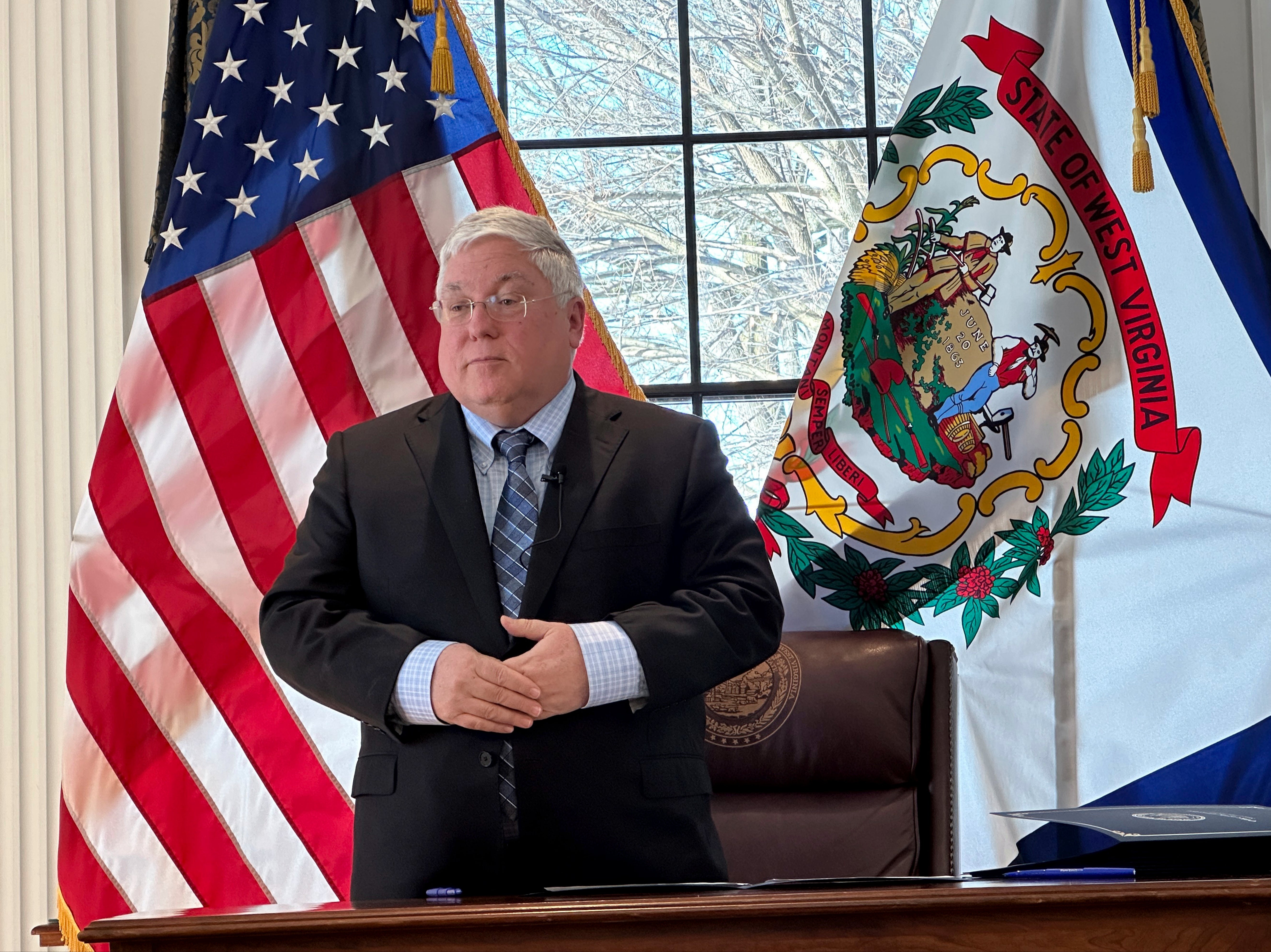 West Virginia Governor Patrick Morrisey speaks about the executive orders he issued on his first day in office at the State Capitol in Charleston on Tuesday January 14 2025