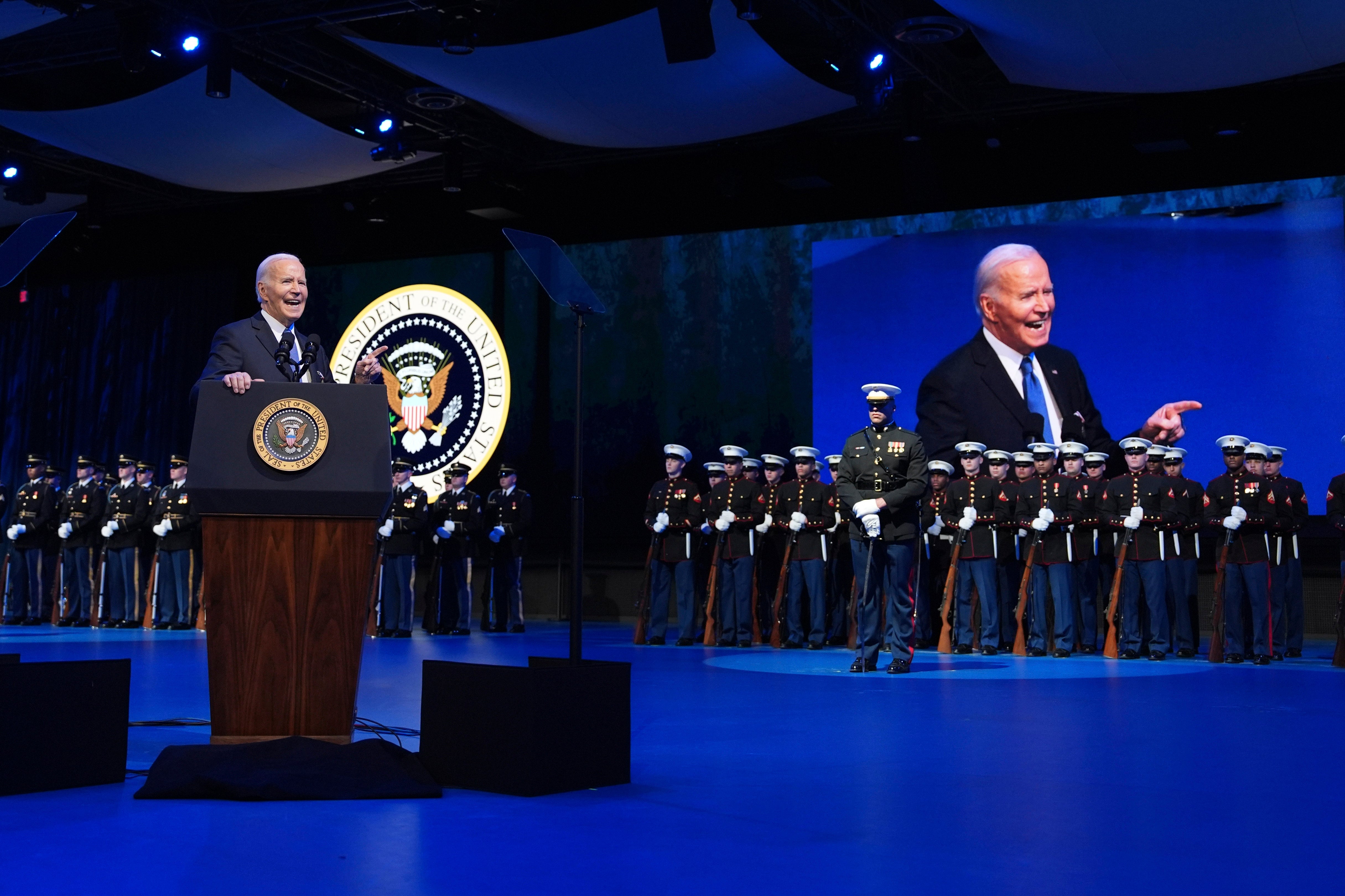 President Joe Biden speaks during a Department of Defense Commander-in-Chief farewell ceremony at Joint Base Myer-Henderson Hall