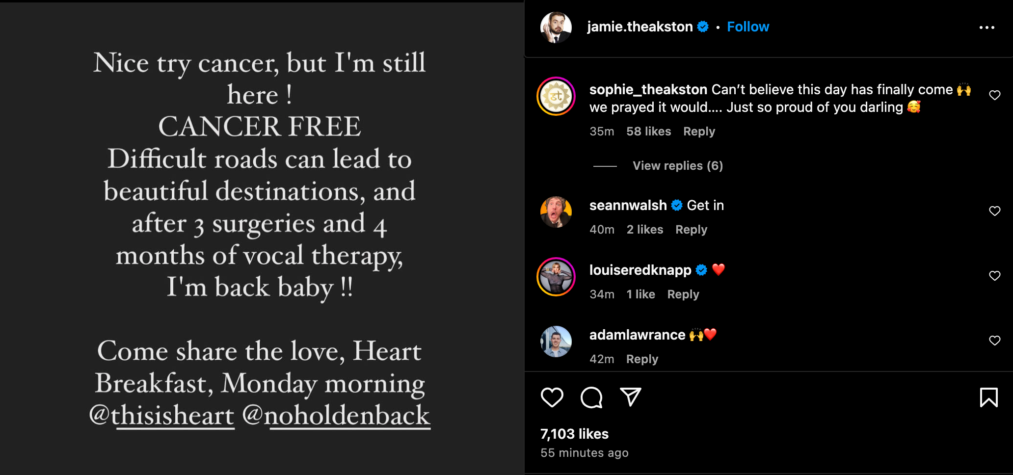 Jamie Theakston updated his Instagram followers with the good news