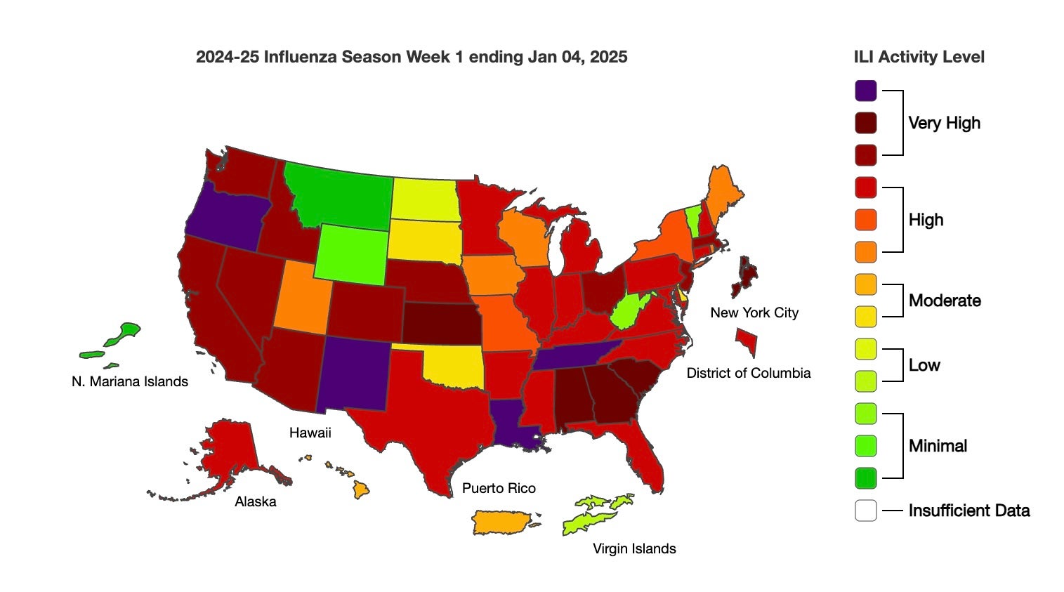 A map of the U.S. shows states where flu is surging this month. The Centers for Disease Control and Prevention data highlights, Oregon, New Mexico, Tennessee and Louisiana as states with very high activity level