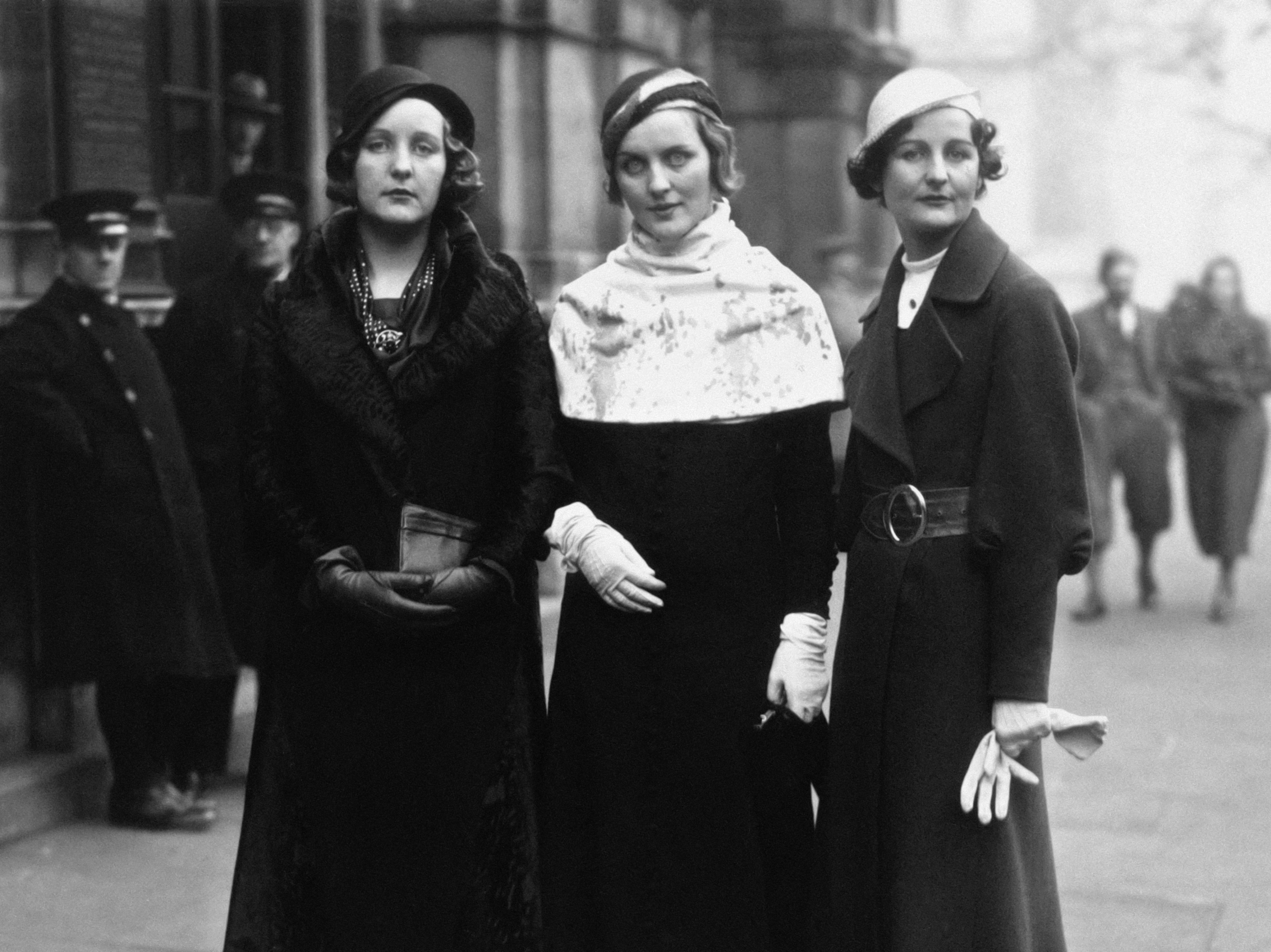 <p>Three of the Mitford sisters (Unity, Diana and Nancy) at Lord Stanley of Aldernay’s wedding in 1923</p>