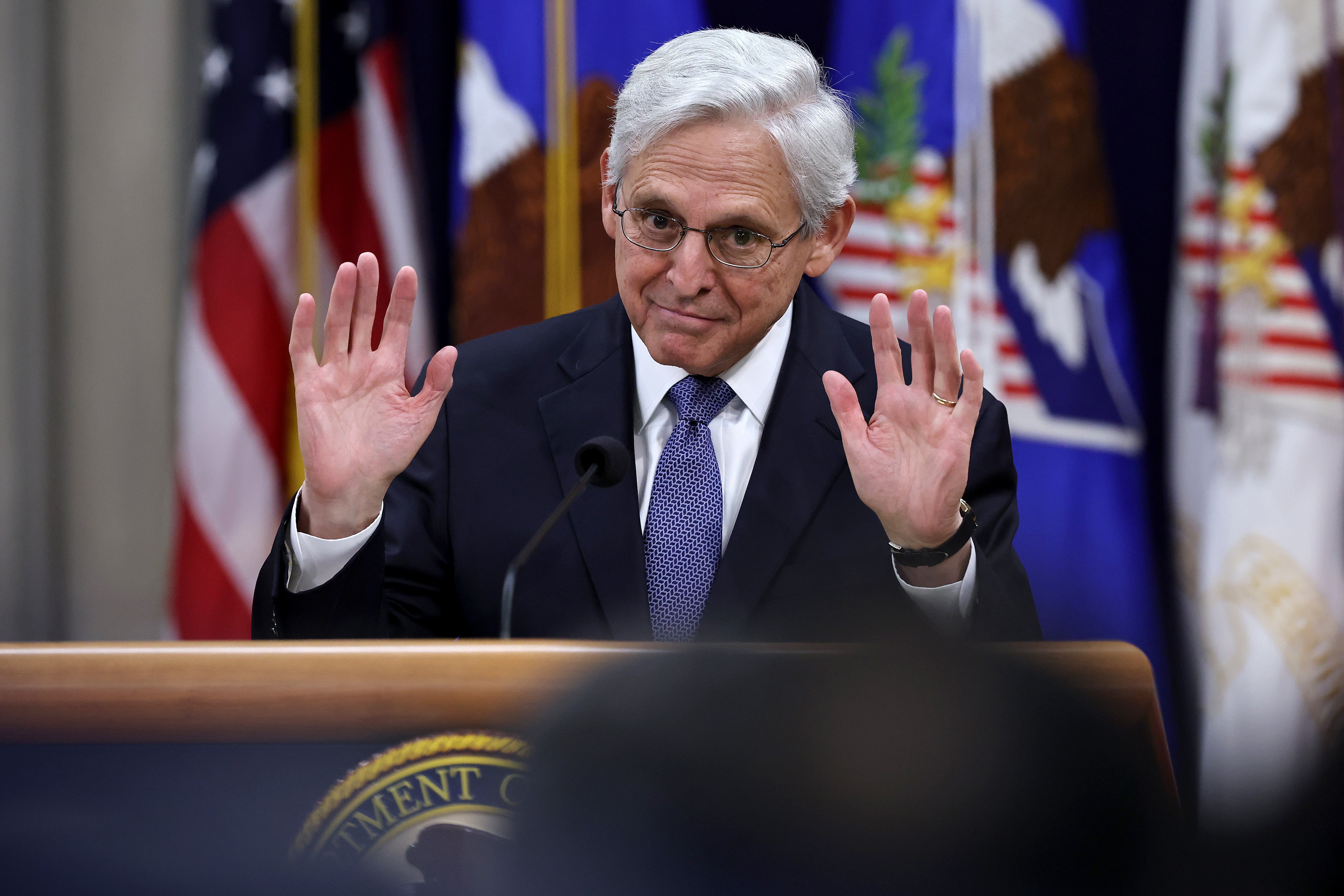 Attorney General Merrick Garland delivers a farewell address to Justice Department employees at the Robert F. Kennedy Building in Washington, D.C., on Thursday. Garland said the Supreme Court’s decision affirms that the act protects the national security of the U.S.