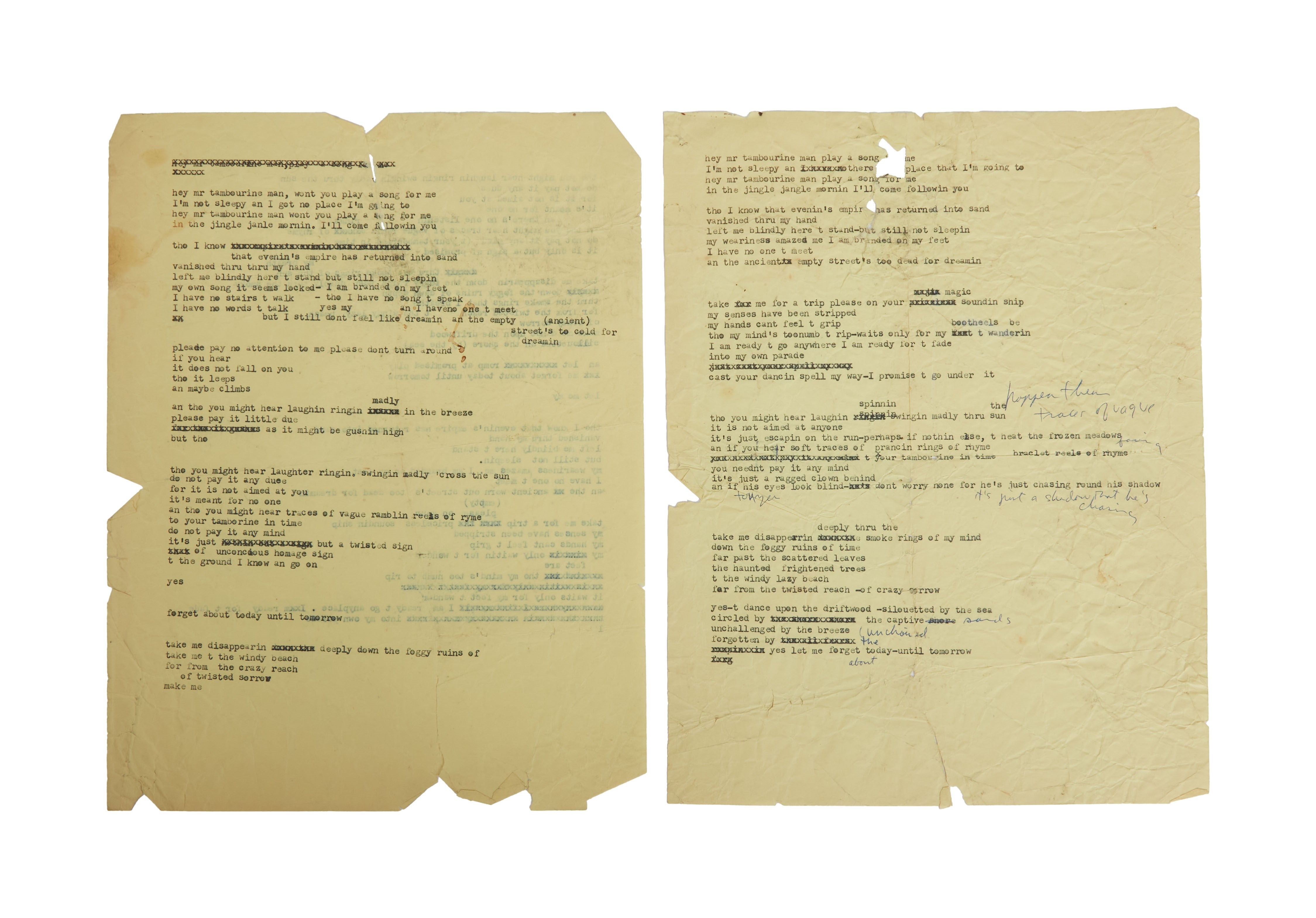 Bob Dylan’s typewritten drafts for his hit 1965 song “Mr Tambourine Man” have sold for more than £400,000 at auction