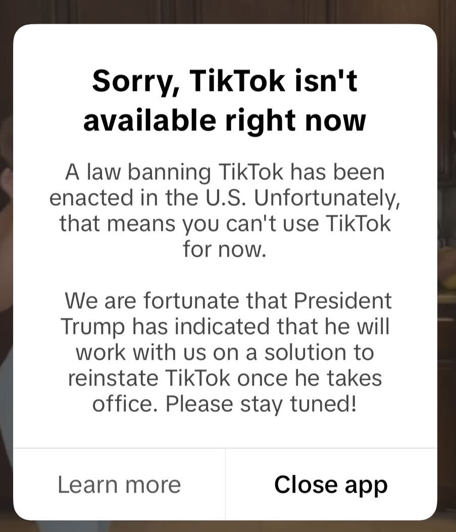 A message that appeared on the screens of TikTok users when they tried accessing the app on Saturday evening