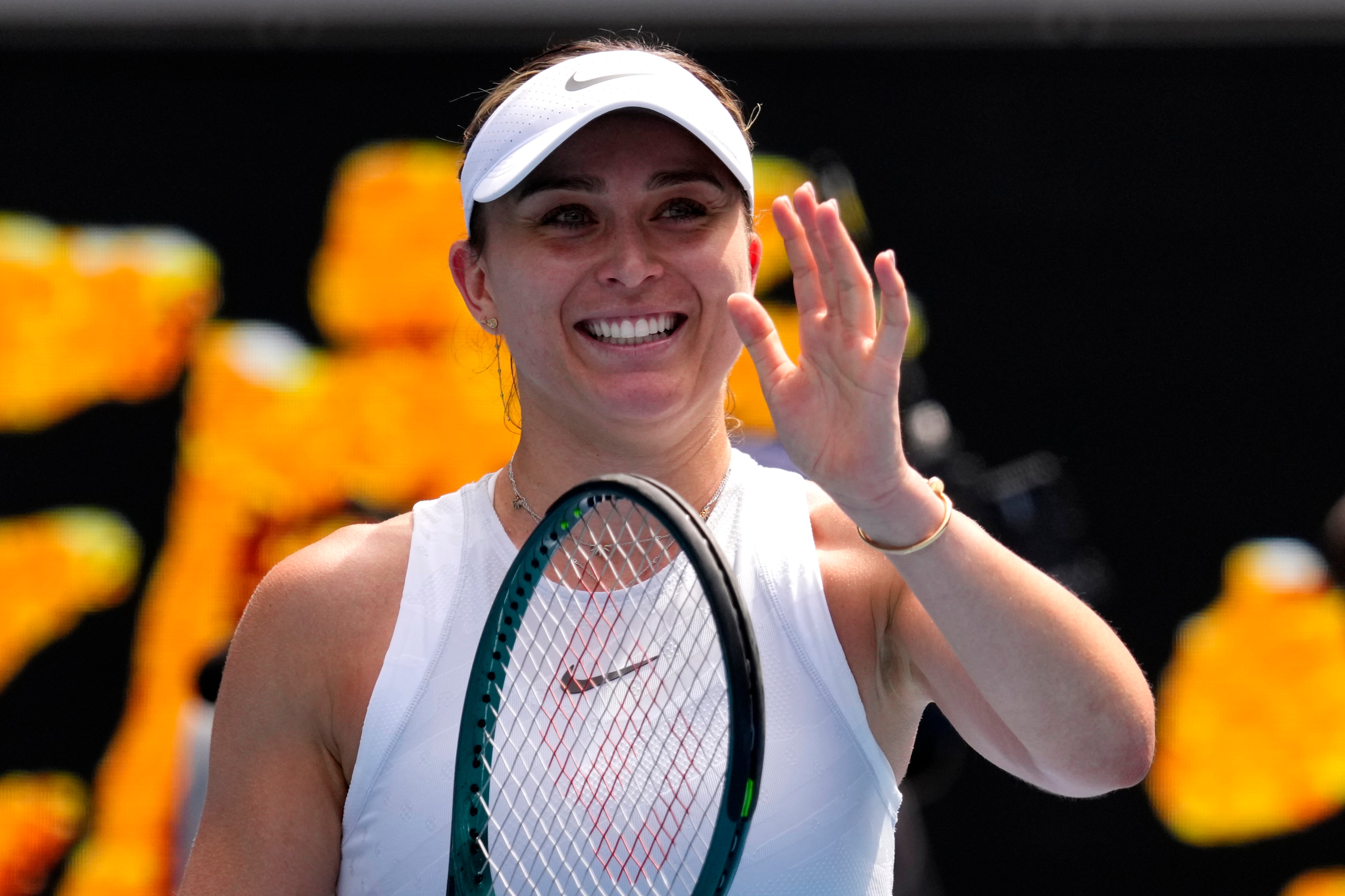 Paula Badosa smiles after reaching the quarter-finals (Vincent Thian/AP)
