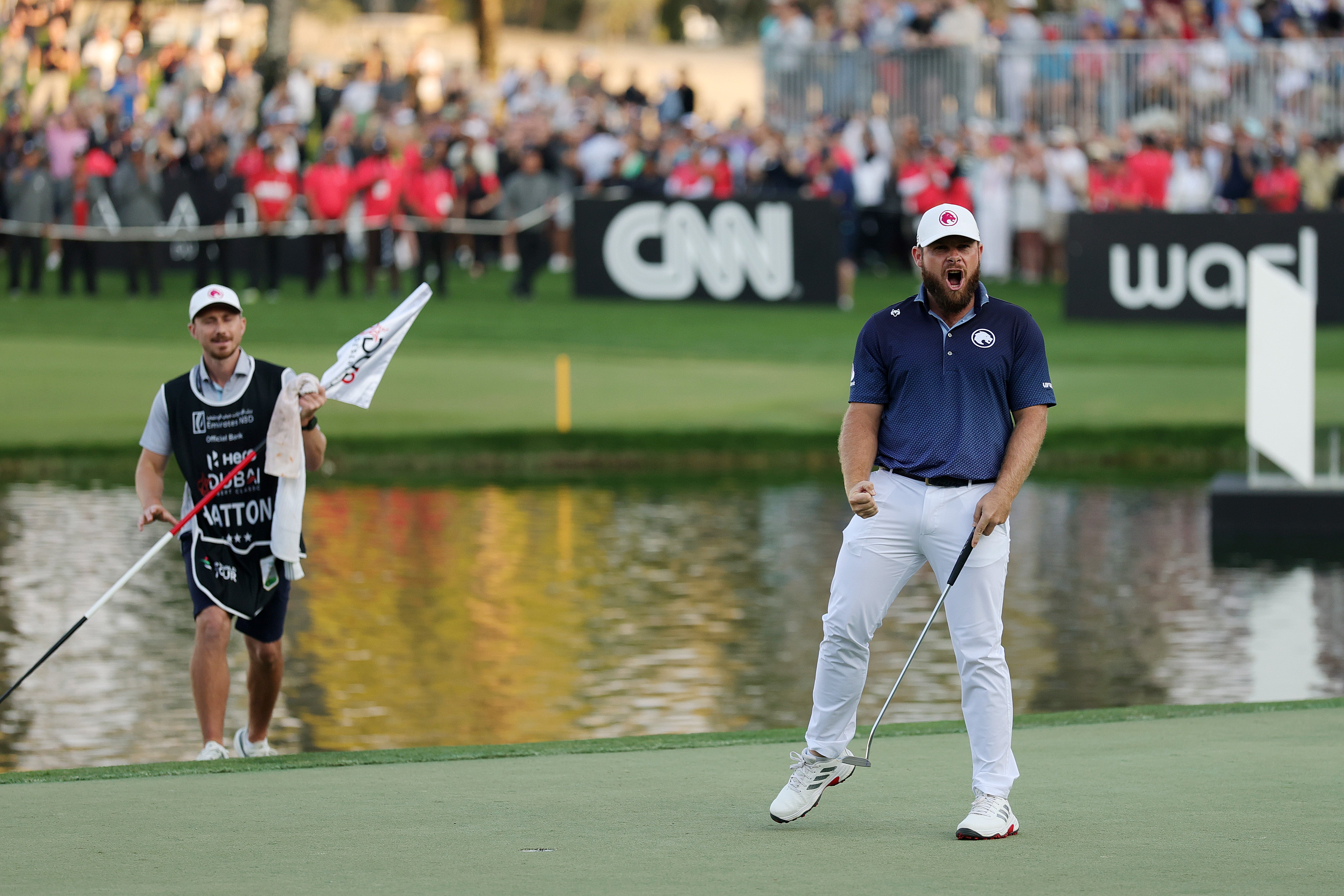 Tyrrell Hatton of England celebrates victory