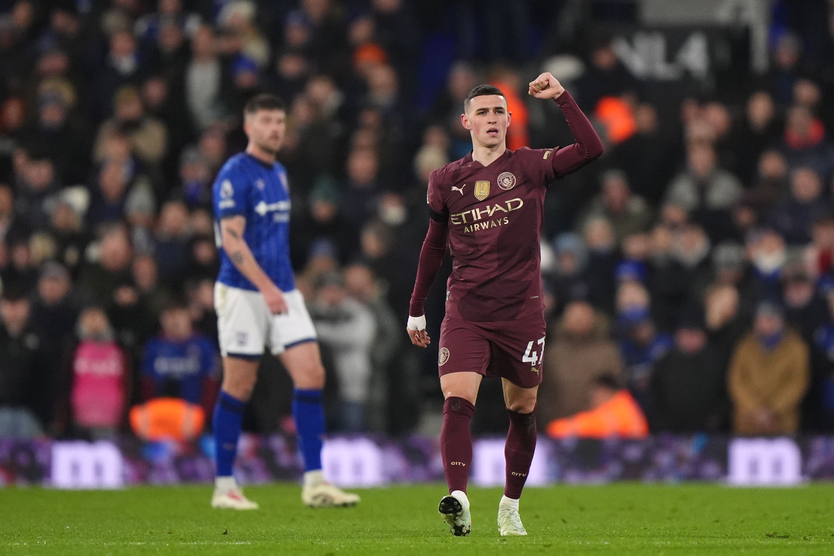 Manchester City’s Phil Foden scored twice in the thumping win over Ipswich (Bradley Collyer/PA).