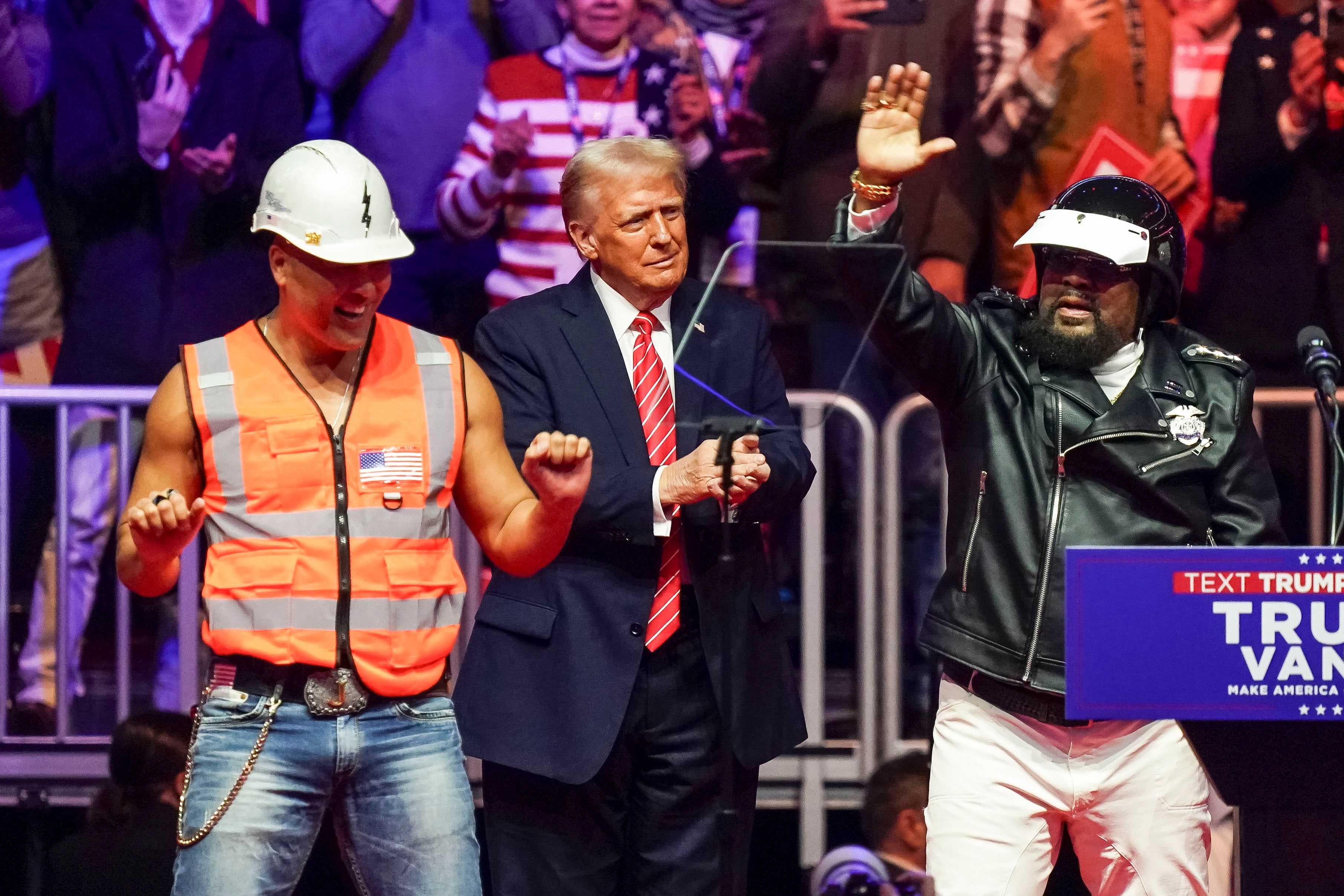 Trump on stage with the Village People at Capital One Arena in Washington, DC, on Janaury 19