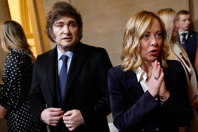 <p>The Argentinian president Javier Milei with Italy’s hard-right prime minister Giorgia Meloni at Donald Trump’s inauguration in Washington </p>