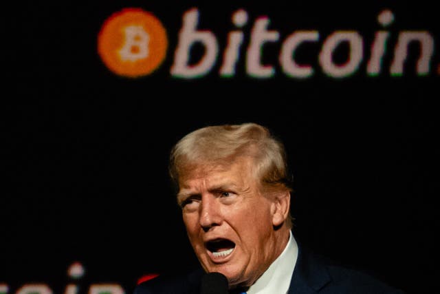 <p>Donald Trump gives a keynote speech on the third day of the Bitcoin 2024 Conference in Nashville, Tennessee, on 27 July, 2024</p>