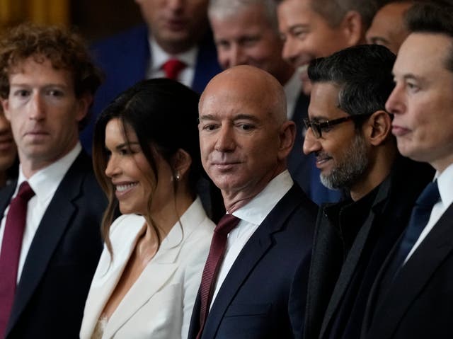 <p>Tech barons Mark Zuckerberg, Jeff Bezos, Sundar Pichai and Elon Musk attend Trump’s inauguration, along with Bezos’ fiance Lauren Sanchez </p>