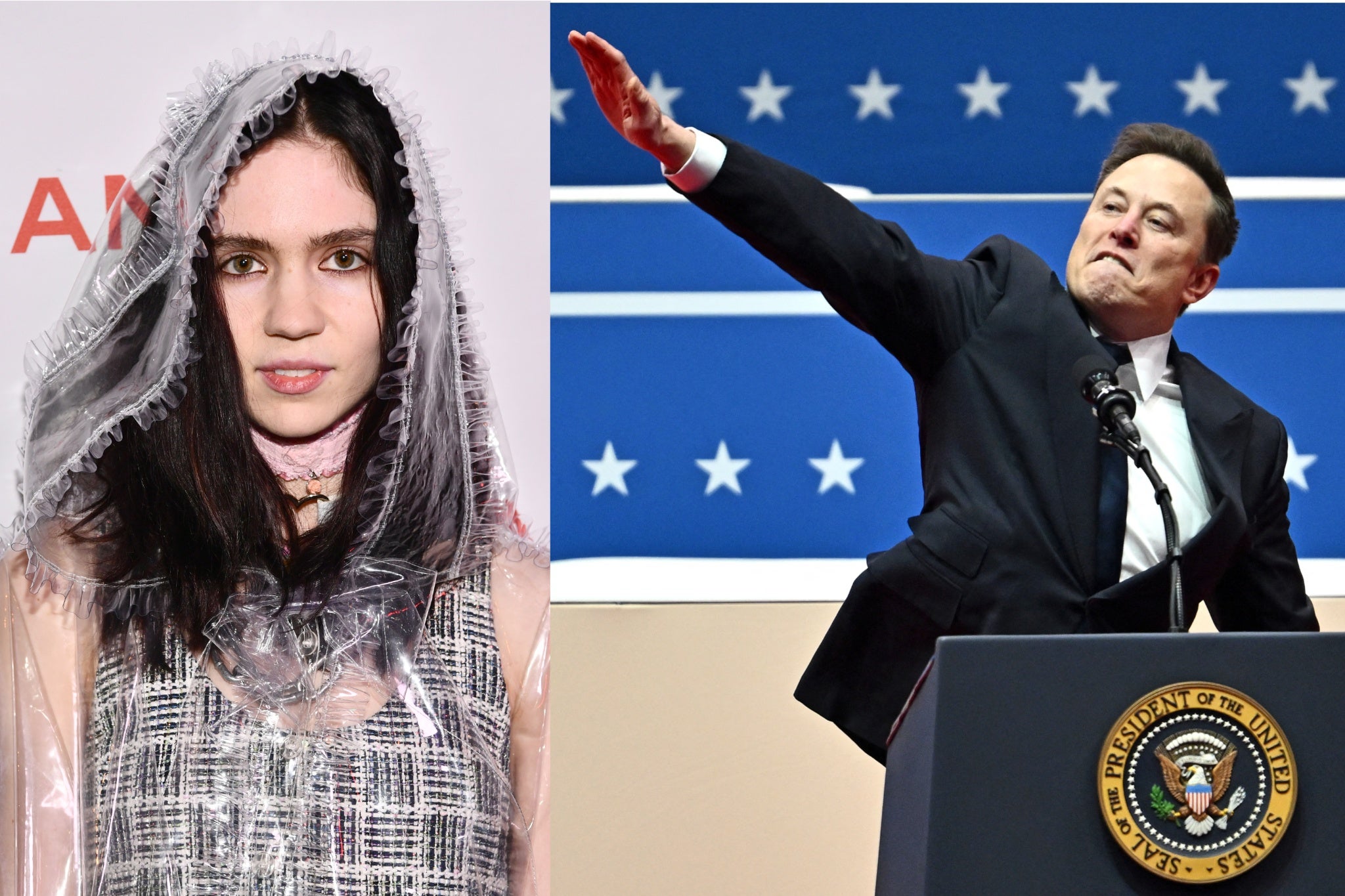 Grimes (left) and Elon Musk’s controversial salute at Donald Trump’s inauguration