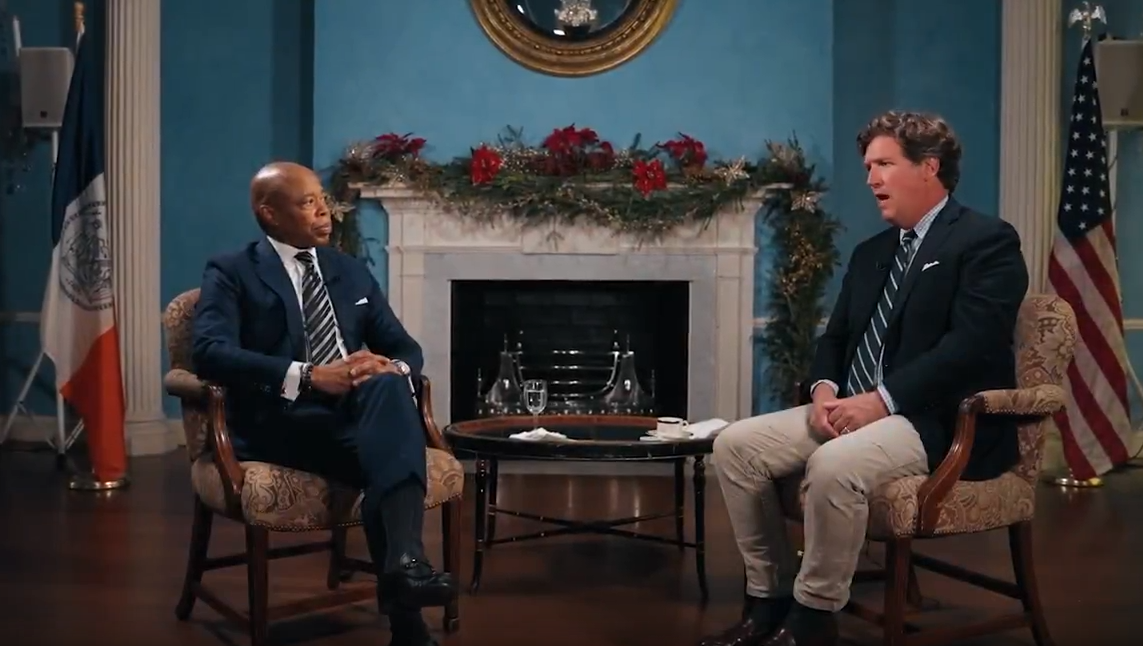 New York Mayor Eric Adams sits down for an interview with former Fox News host Tucker Carlson.