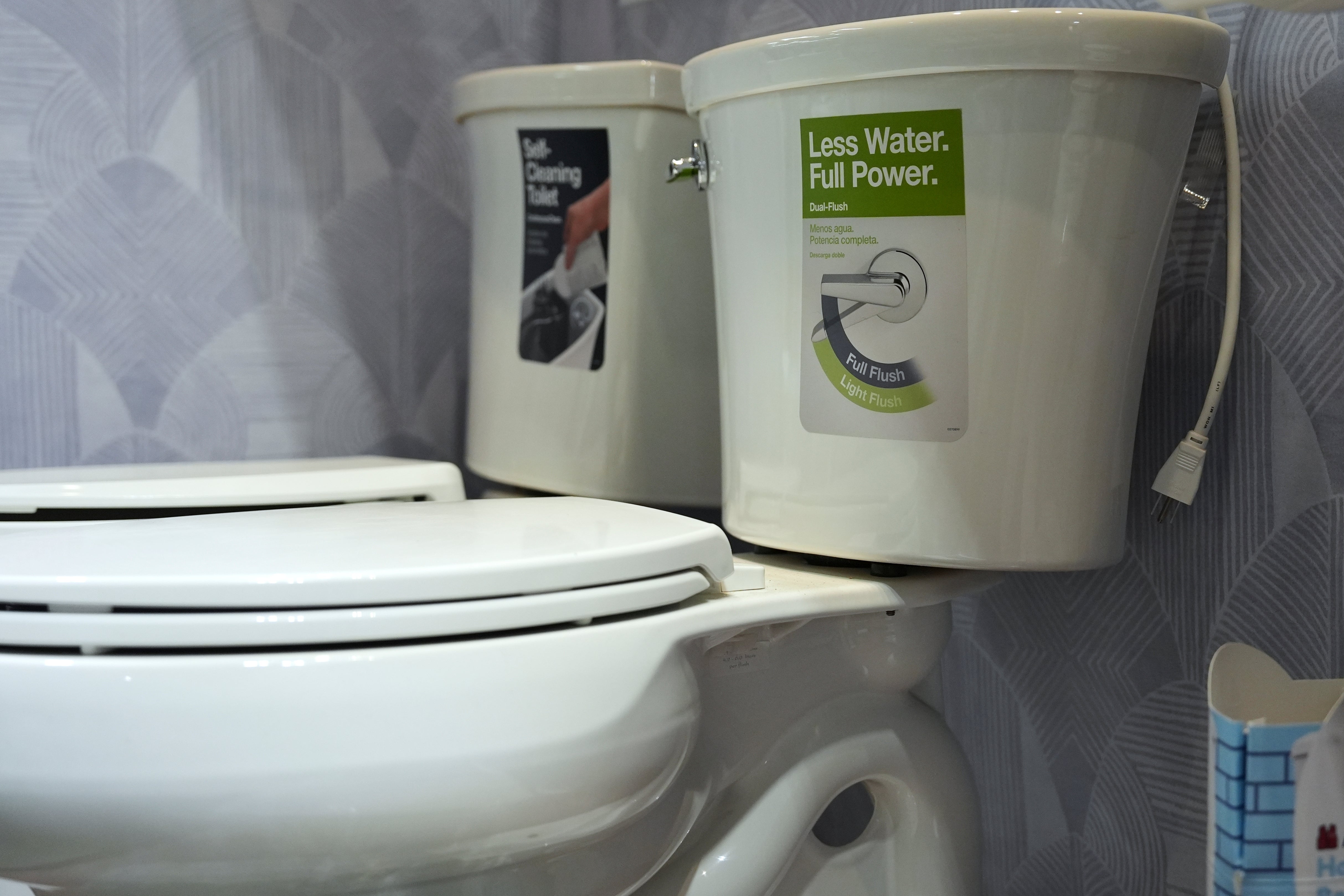 A toilet is displayed for sale that uses less water, Tuesday, Jan. 21, 2025, in Cincinnati.
