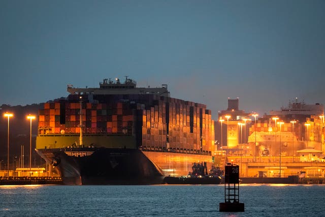 <p>A cargo ship sails through the Miraflores locks of the Panama Canal, in Panama City</p>