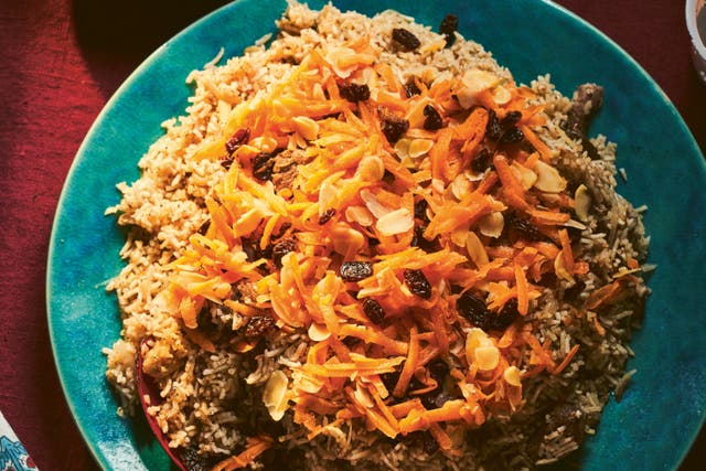 <p>Lightly scented rice served with spinach and a sweet and savoury carrot topping</p>