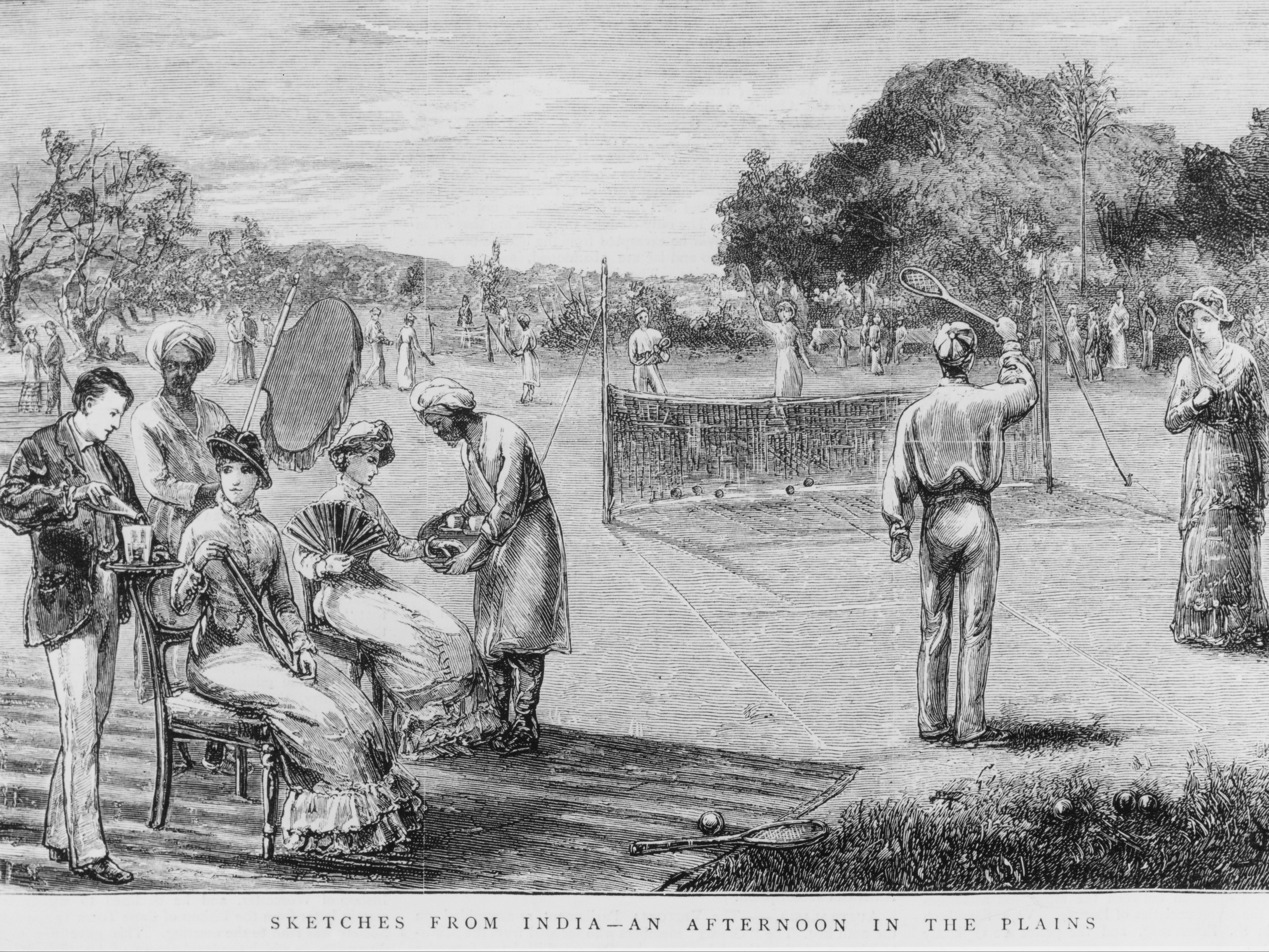A sketch, published in a graphic book in 1880, shows British people playing tennis in India, during the British Raj, while a male waiter serves them tea
