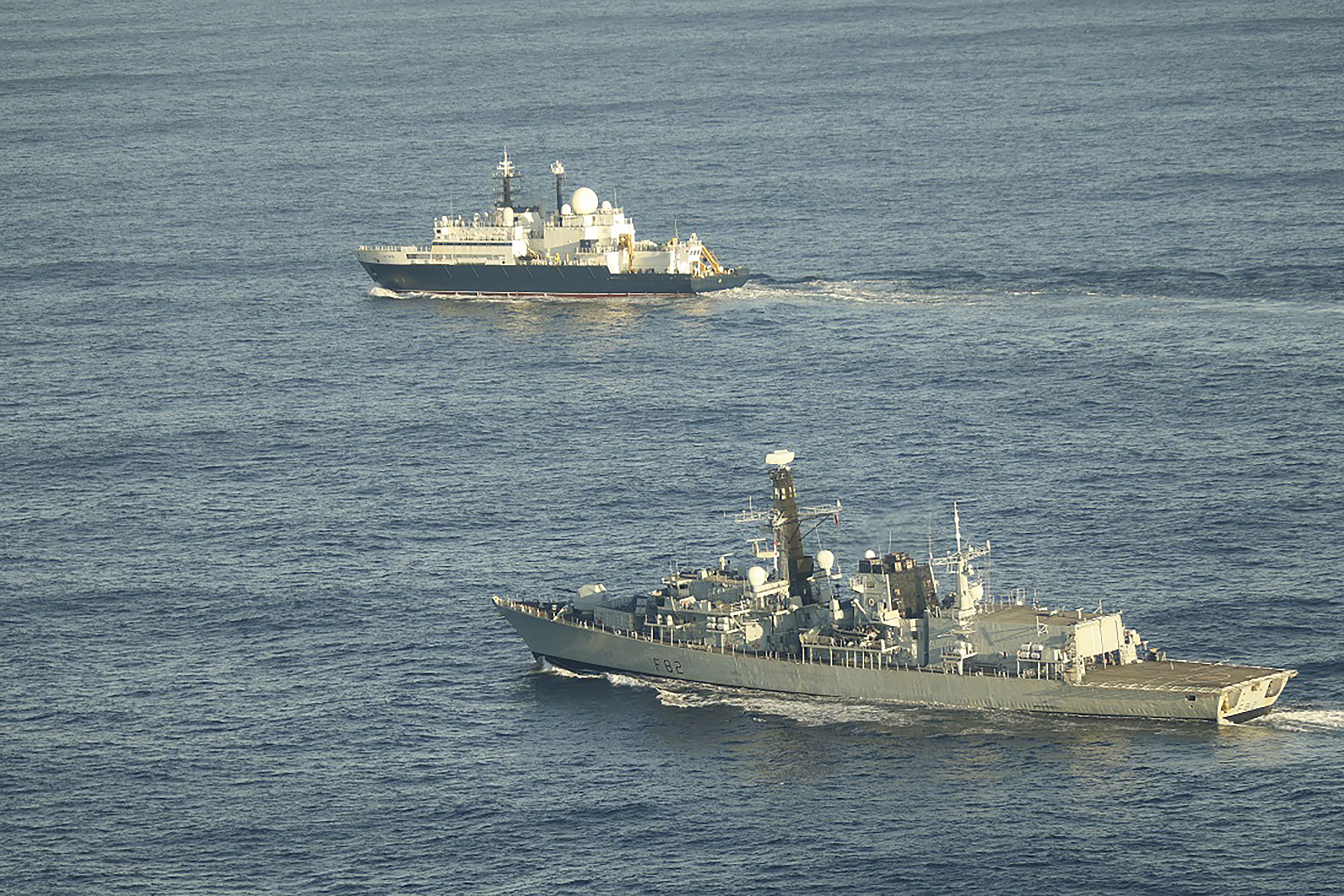 HMS Somerset flanks the Russian ship Yanter near UK waters in November