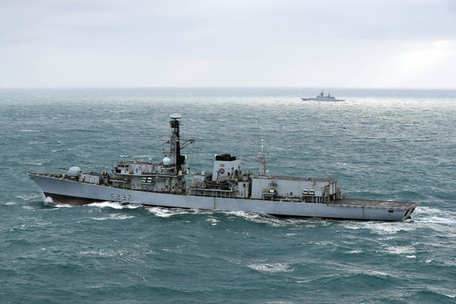 Undated handout file photo issued by the Ministry of Defence of Royal Navy Type 23 frigate HMS Westminster (foreground) with the Russian frigate Boiky (MInistry of Defence/Crown Copywright/PA)