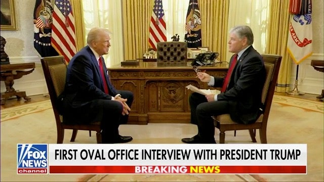 In this Fox News screen grab, President Trump talks to host Sean Hannity in his first TV interview since his inauguration on January 20, 2025